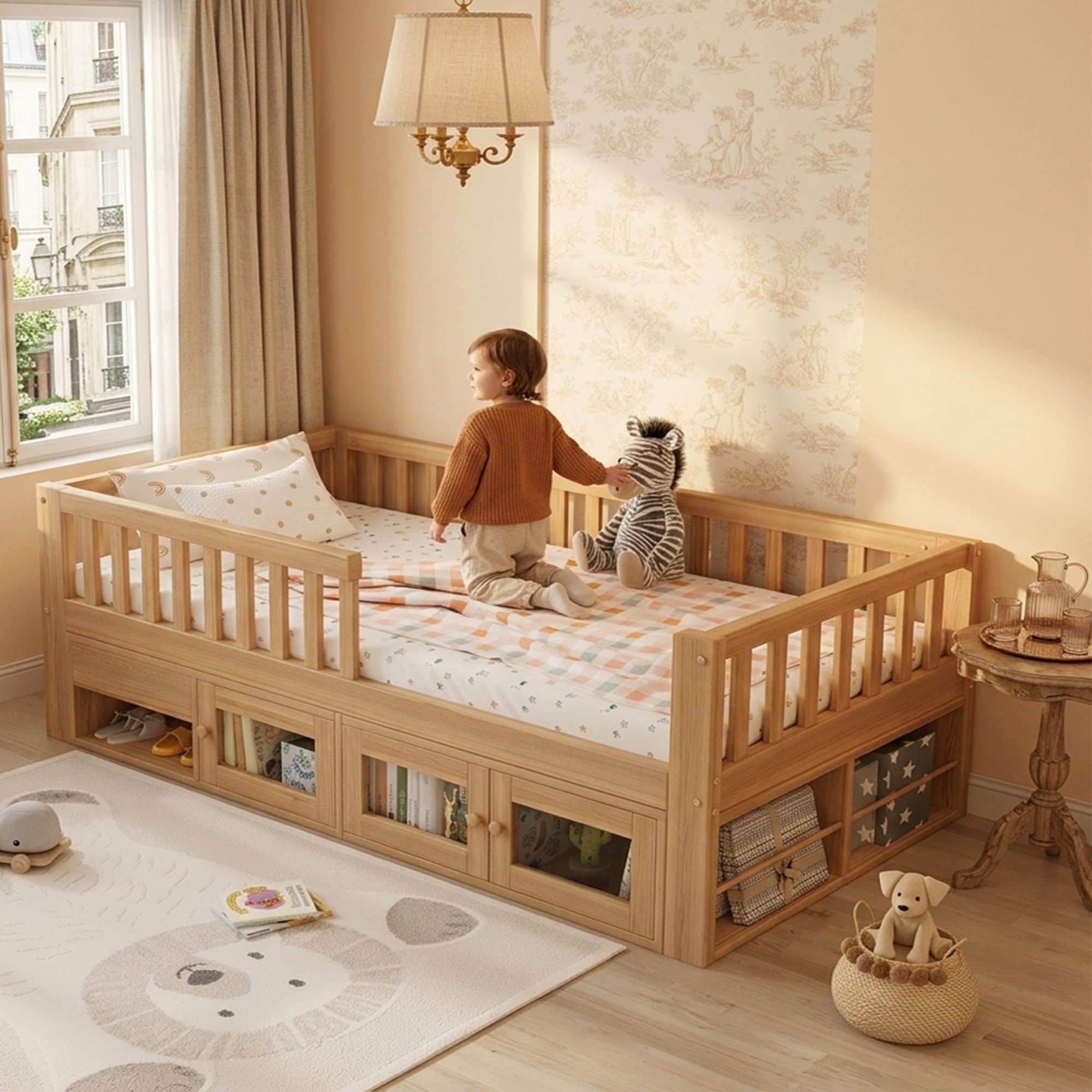 Cama infantil de madera maciza contra caídas con armario para ahorrar espacio