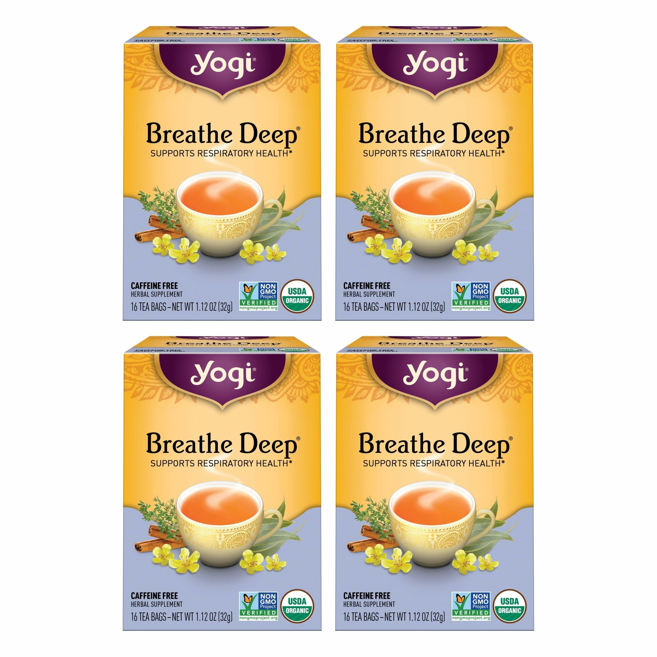 Yogi Tea Breathe Deep Tea - 16 Tea Bags per Pack (4 Packs) - Organic Respiratory Tea - Supports Respiratory Health - Includes Licorice Root, Eucalyptus Leaf, Ginger Root & Cinnamon Bark