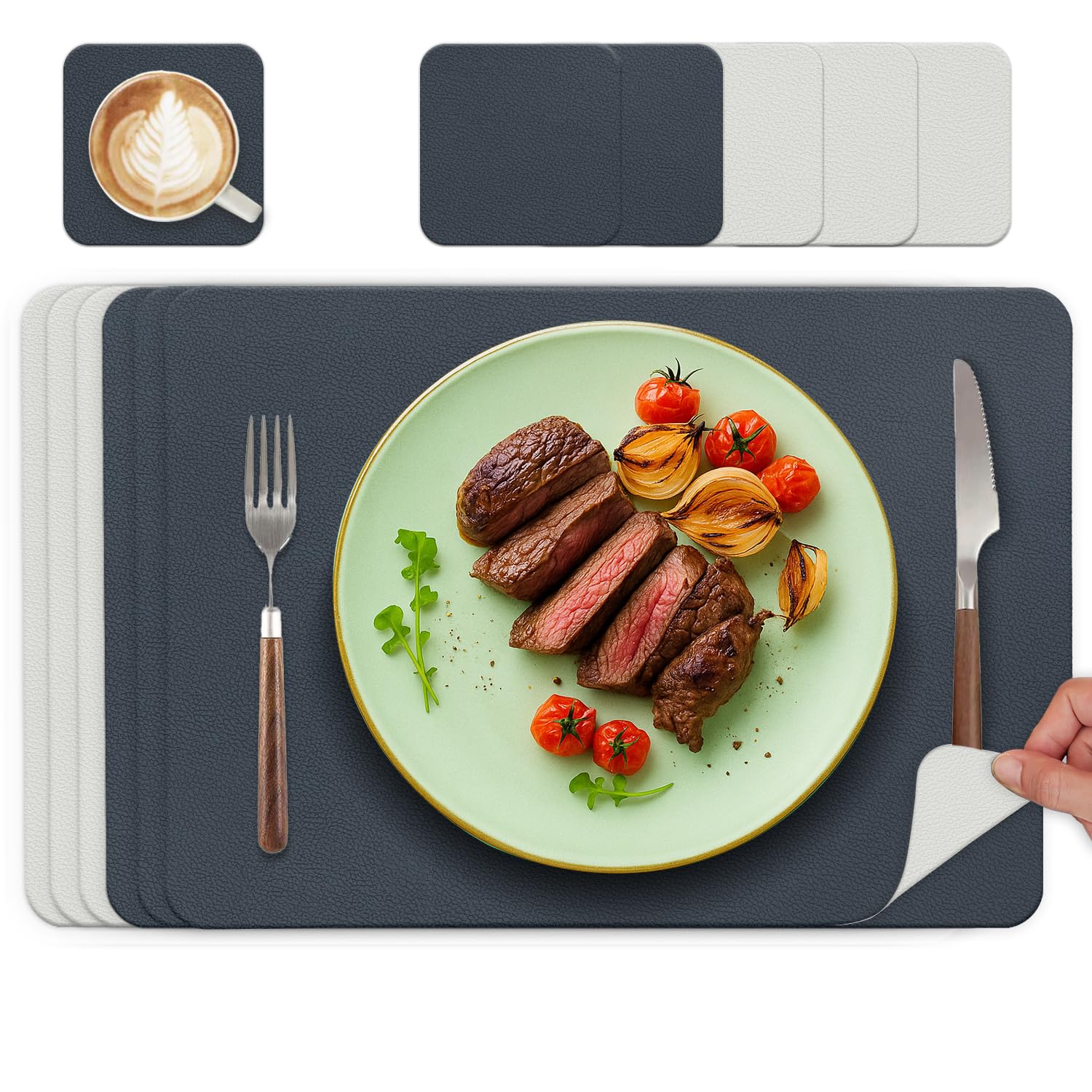 HELI MIAO Tischsets Abwaschbar 6er Set - Doppelseitige Platzsets & Untersetzer aus Lederoptik, rutschfeste & wasserdichte Tischunterlage für Esstisch und Familie - Rechteckig in Dunkelblau + Hellgrau