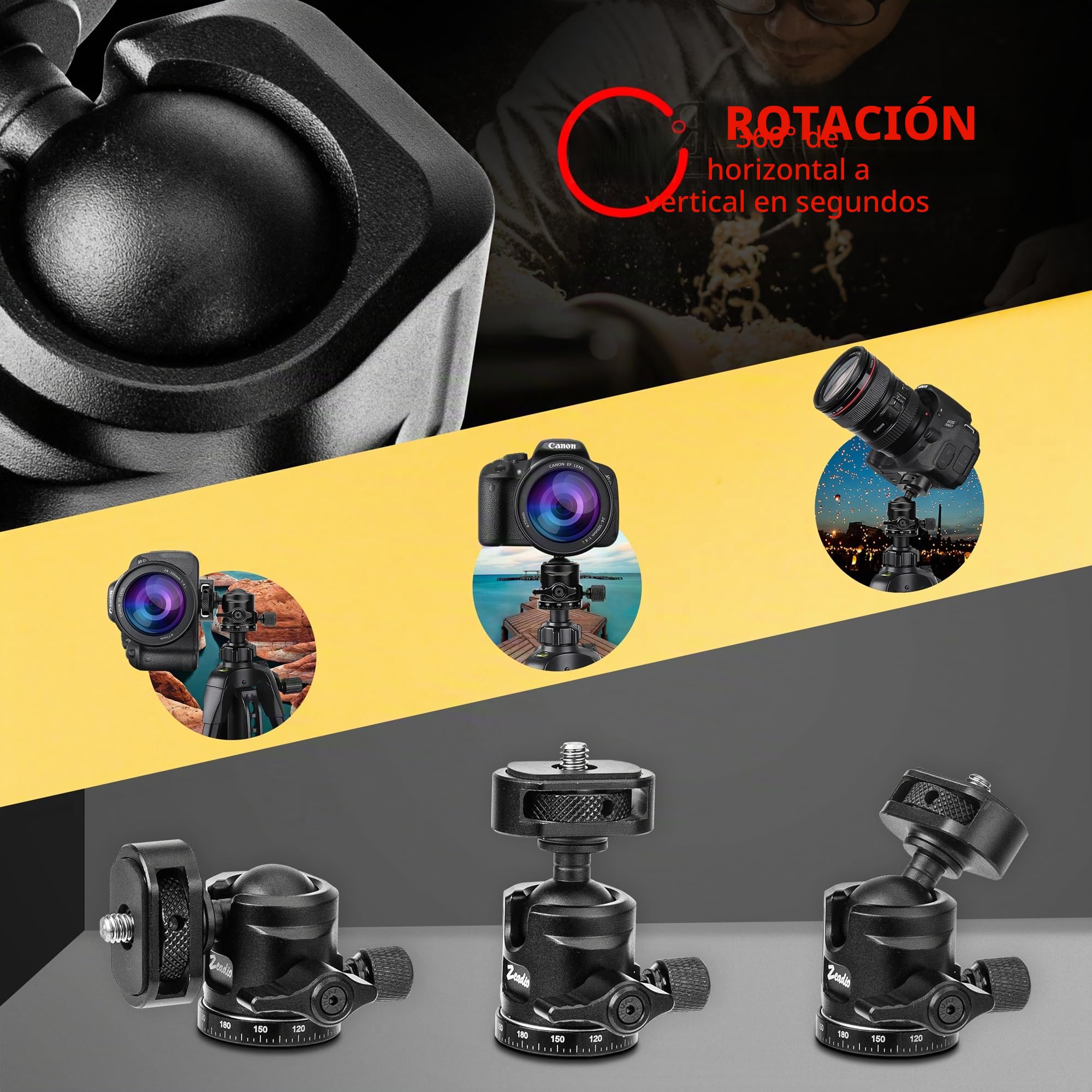 Zeadio Mini Rótula de Bola Totalmente Metálica y Panorámica 360°, con Zapata Fría y Tornillo de 1/4", Rótula Compacta para Trípode, Monopie, Cámara DSLR, Vlogging, Transmisión en Vivo y más