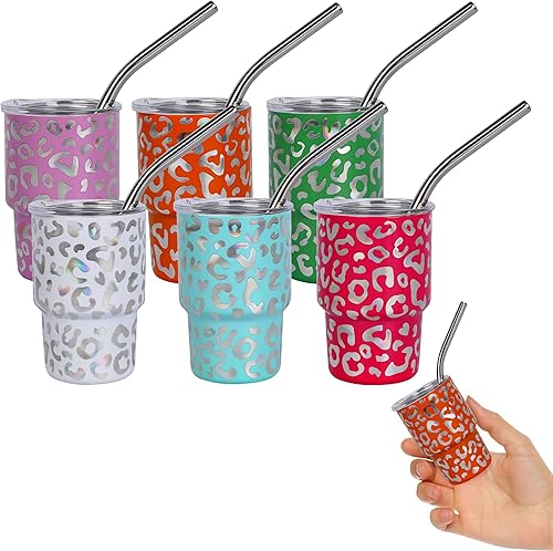 Juego de 6 vasos de chupito con popote y tapa, 3 onzas, vaso de chupito de leopardo de 3 onzas, de acero inoxidable, con aislamiento para bodas y