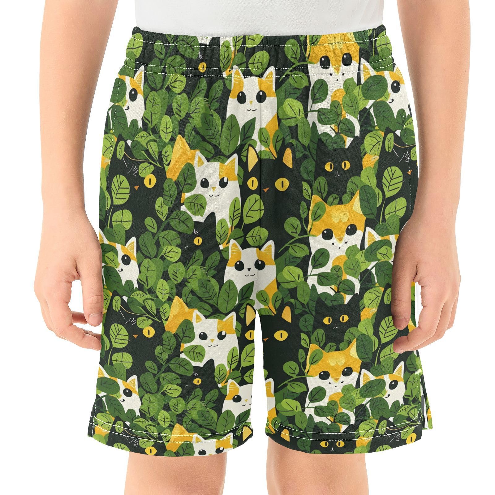 ALAZA Cat Kitten Green Leaves Boys Athletic Shorts Casual Shorts with Pockets Bottom Pants Summer Athletic Running Shorts 9-10 Year