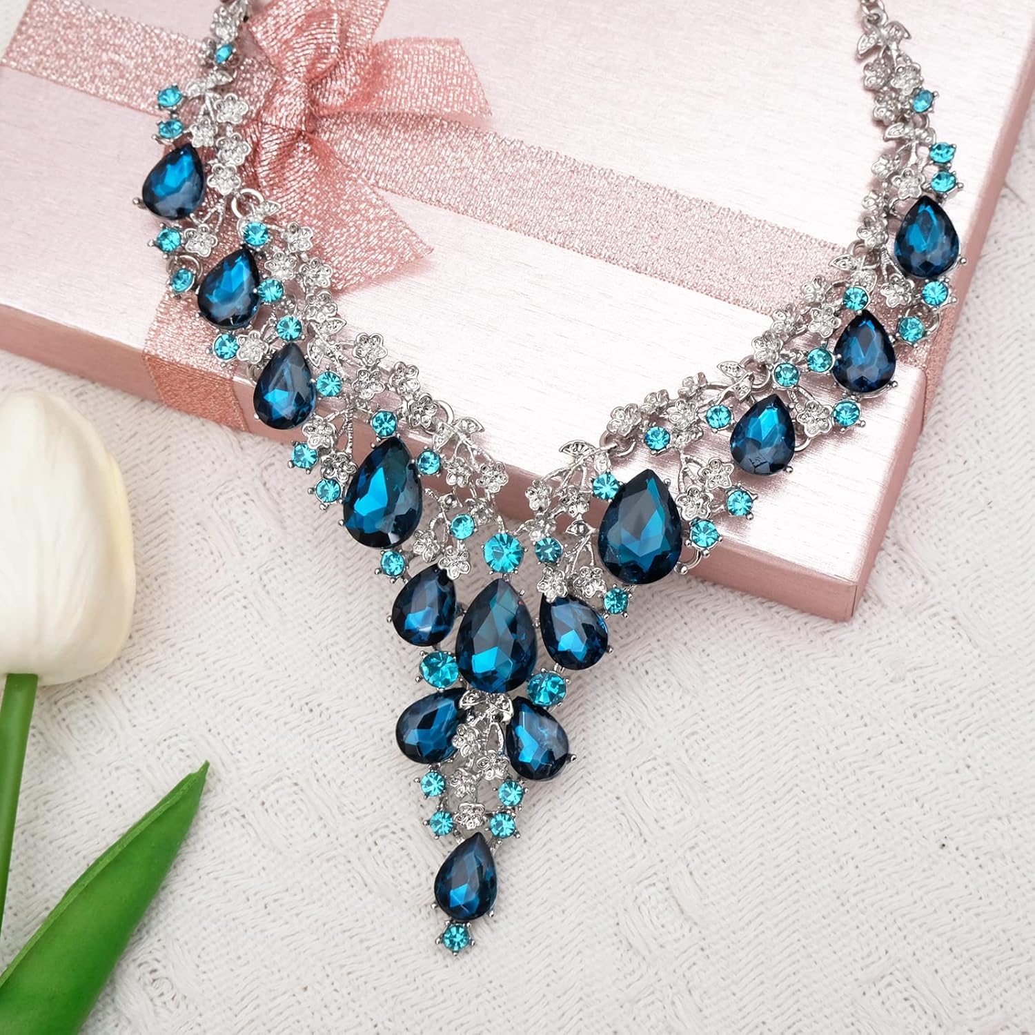 CSY Elegant Crystal Costume Jewelry Sets Flower Bridal Necklace Earrings Stretch Bangle Set for Bride Bridesmaid Wedding Dress Accessories - Image 5