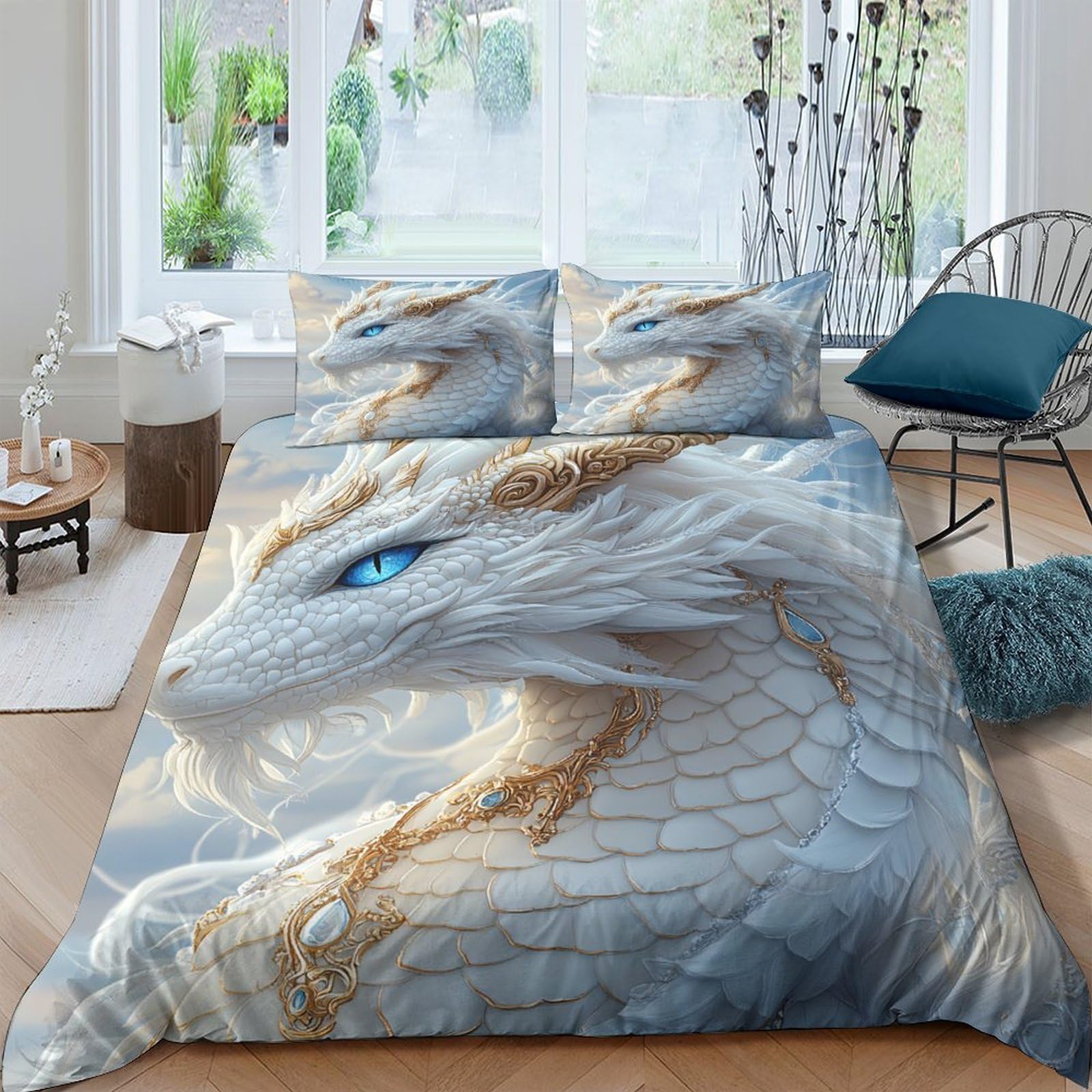 Ctjqhvkz Style-9 3D Printed White Dragon Fitted Sheet Microfiber Blue Eye Fantasy Bed Cover For Bedroom Dorm Mattress Decor Single（135X200cm）
