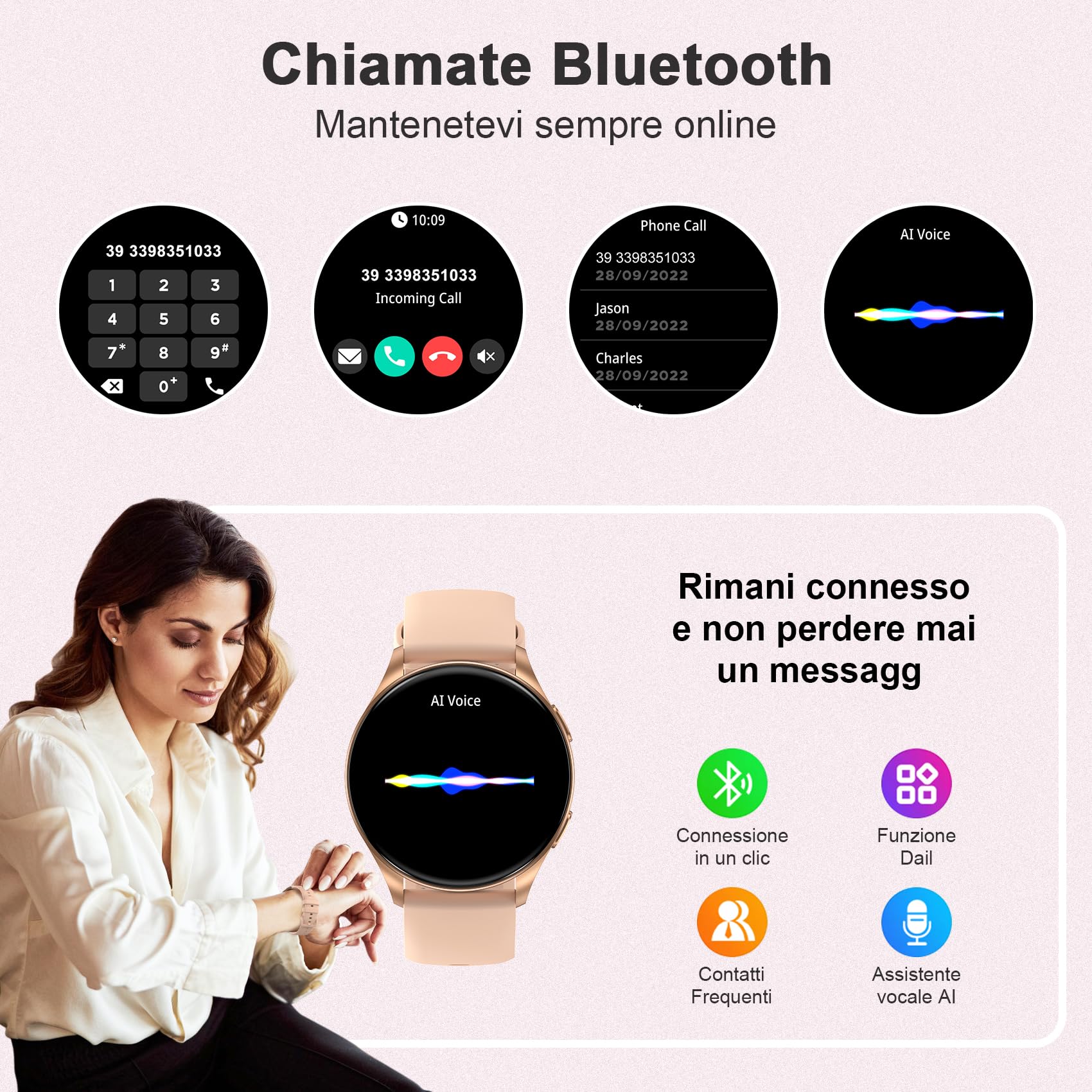 Orologio smartwatch Uomo Donna (Rispondere/Fare Chiamate) ，1.43” Schermo HD AMOLED, 24H Sonno Cardiofrequenzimetro, IP68 Impermeabilecon 130+ Modalità Sportive smart watch per Android IOS