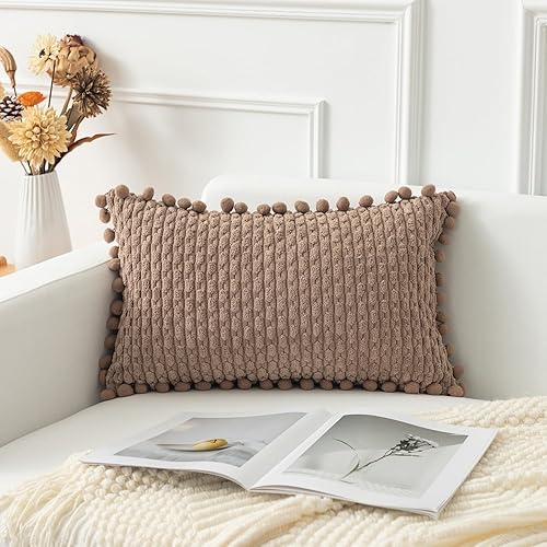 Miniatura 4 de Kevin Textile - Juego de 2 fundas de almohada decorativas lumbares de color marrón claro de 12 x 20 pulgadas con pompones para sofá y cama,