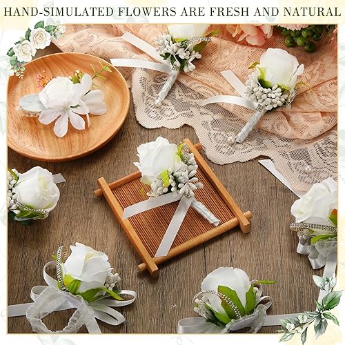 Miniatura 6 de Geosar Juego de 12 ramilletes blancos de boda y boutonniere para novia, dama de honor, incluye 6 muñequeras artificiales y 6 boutonniere para