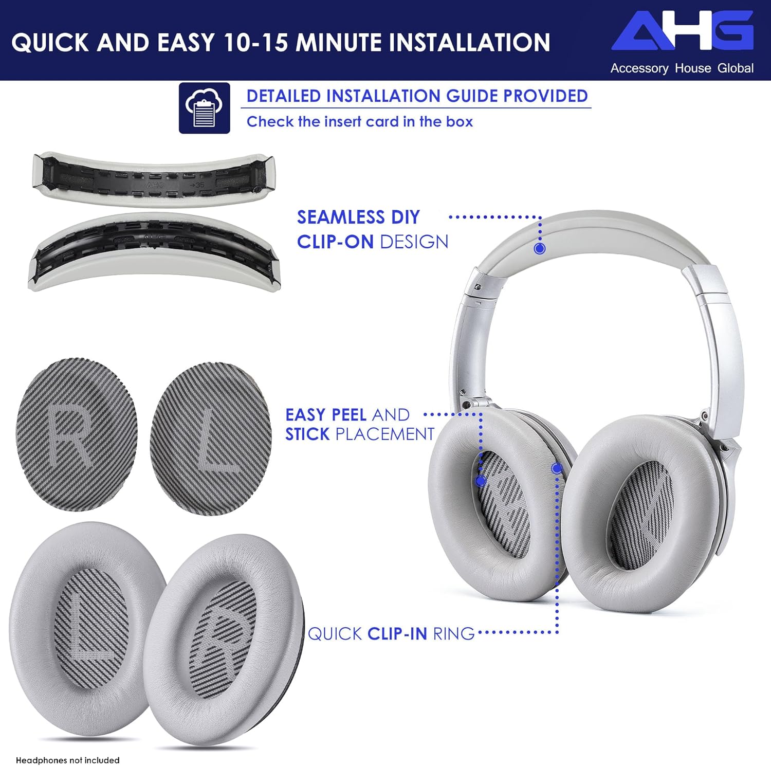 AHG QC35 earpads / QC35 ii Headband pad Cushion kit. Compatible w/Bose QuietComfort 35 ii / QC35 Headphones (Grey). Premium Headband Design | Seamless DIY Assembly | Superior Comfort and Durability