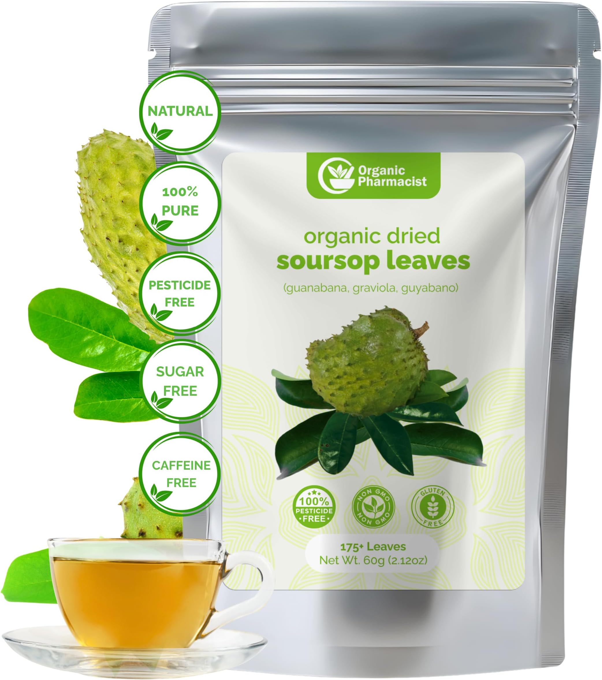 Organic Pharmacist Dried Soursop Leaves, Graviola Leaf, Guanabana, Guyabano, Used for Tea and Extract, Soursop Bitters for Tea, 60G, 175+ Whole Leaves