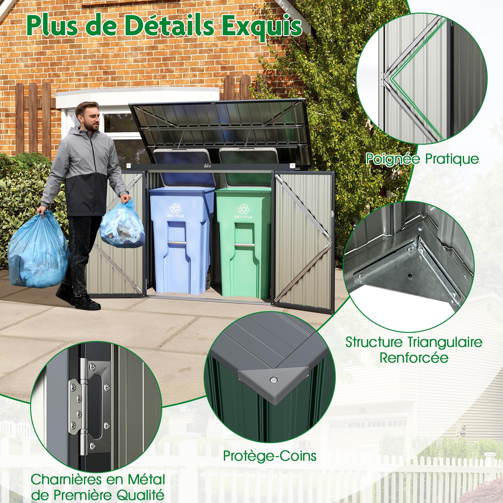 RELAX4LIFE Abri de Jardin Métal Extérieur avec 2 Grandes Portes et Couvercle Relevable à 40°, Remise de Stockage à Outils en Acier Galvanisé pour Poubelles Vélos Outils 172X100X129 CM (Vert)