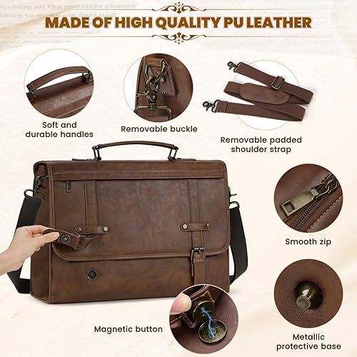 Miniatura 5 de RAINSMORE Bolsa de mensajero para hombre de 17 pulgadas, impermeable, de piel vintage, maletín para laptop, bolsa de hombro retro, marrón