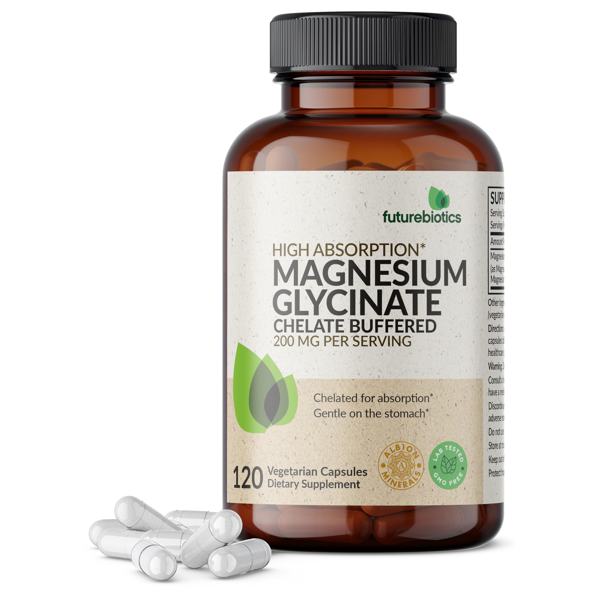 Futurebiotics Magnesium Glycinate 200 MG per Serving Chelated for High Absorption, Gentle On Stomach, Non-GMO, 120 Vegetarian Capsules