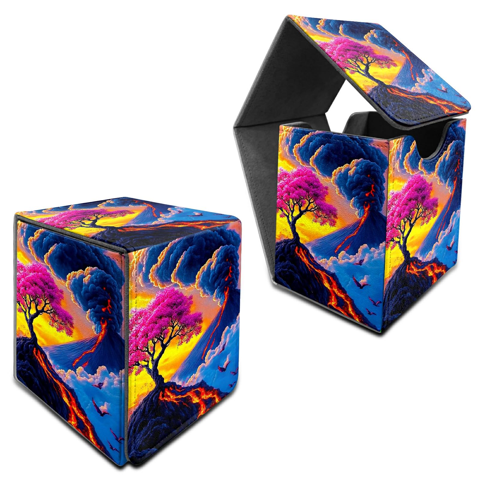 RWUTYTIUL Deck Box for MTG, Cards Storage Box Fits 120+ Sleeved, Leather Medium Size Strong Magnetic Closing Card Case for Board Games Magic TCG CCG Baseball Collection, Volcanic Cherry Blossoms — image 1