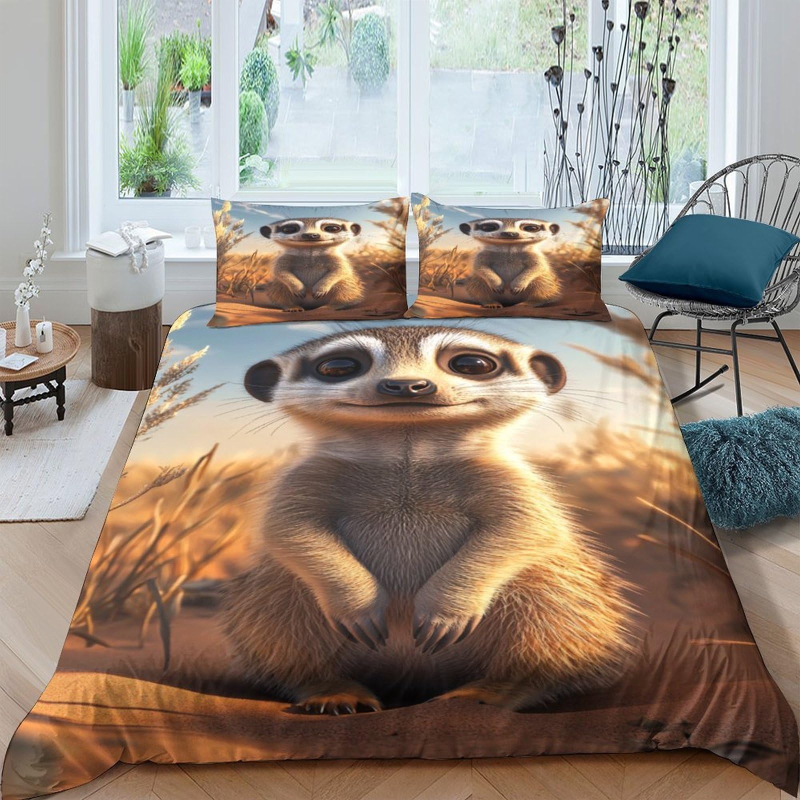 Suricato carino 3D Stampa Coperta Letto 3pz Microfibra Resistente Fumetto digitale Coperteletto 2 federe Traspirante Arredo Camera Adulti Super king（260x220cm）