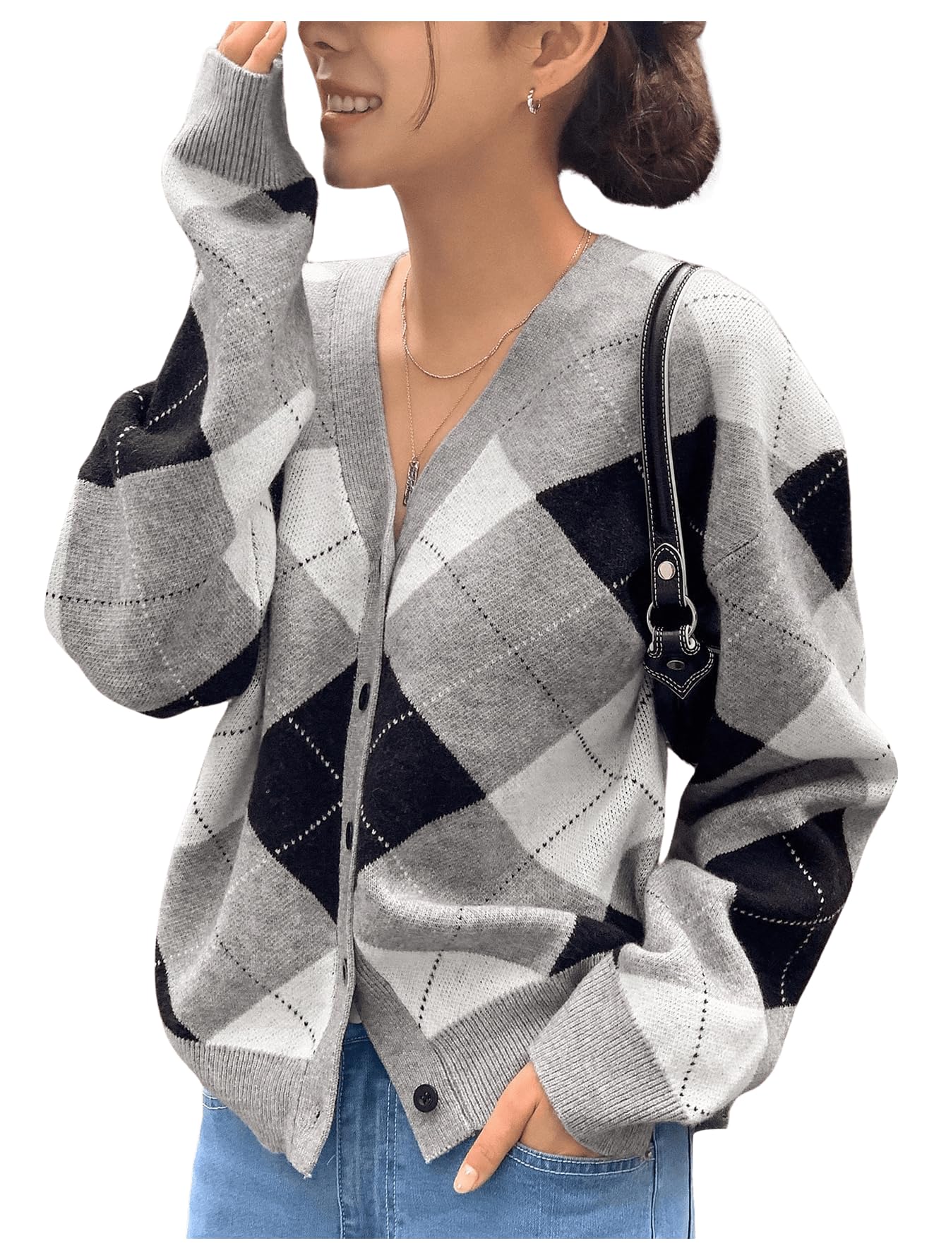 SHENHE Argyle Sweater Women Button Down Cardigan V Neck Knitted Cardigans Winter Sweater Outerwear