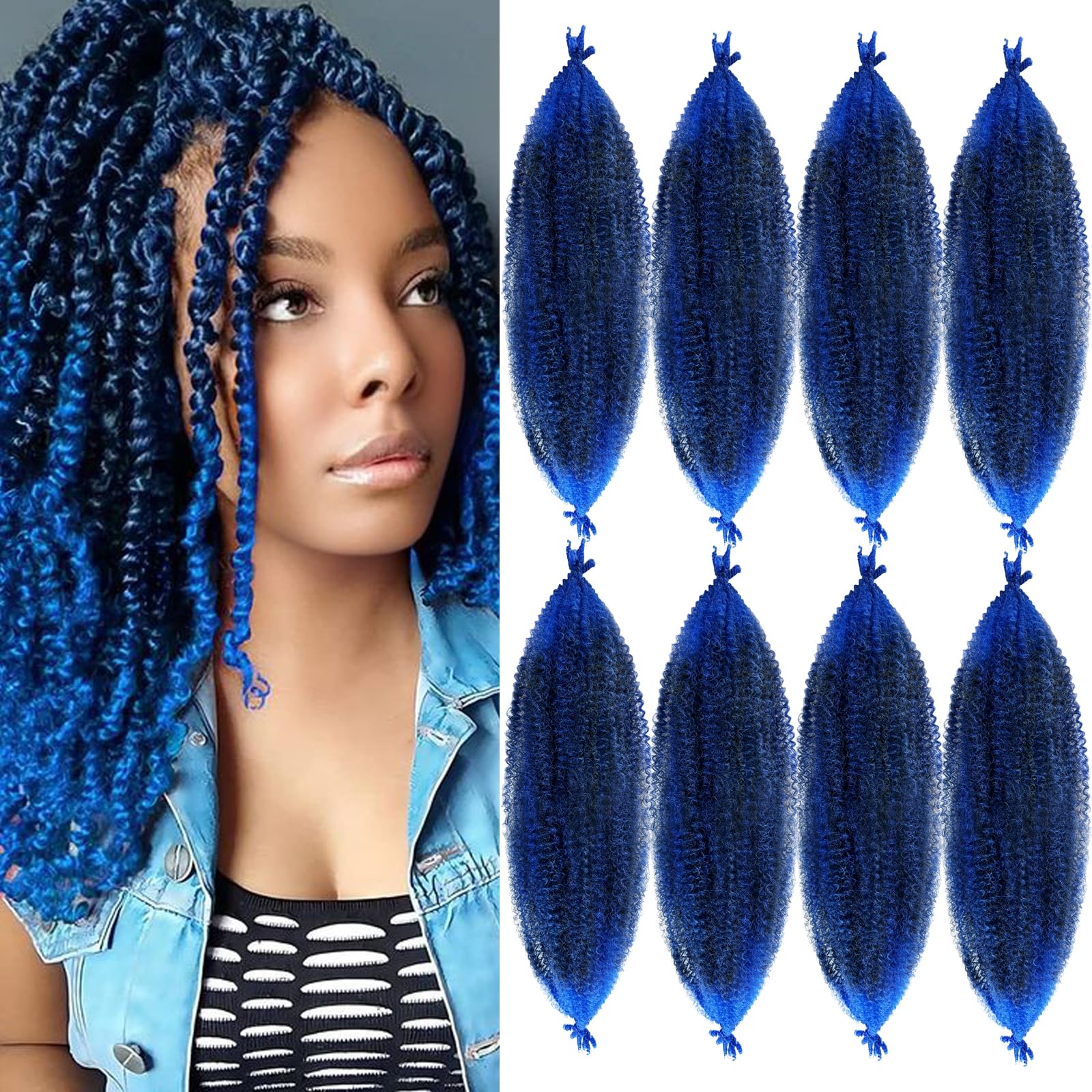 Springy Afro Twist Hair Pre Fluffed Marley Twist Braiding Hair Spring Twist Hair Wrapping Hair (1B-Blue, 16 inch(Pack of 8))