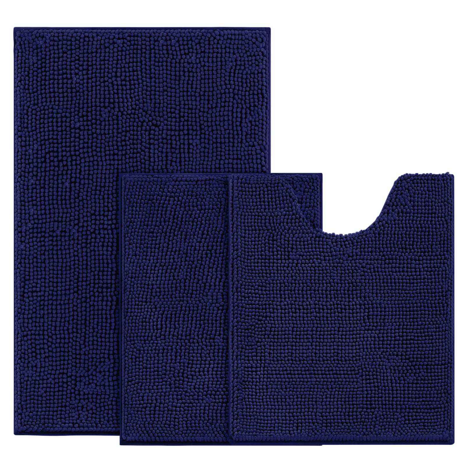 BYSURE Navy Blue Bathroom Rugs Sets 3 Piece Non Slip Extra Absorbent Plush Chenille Soft Washable Bath Mats