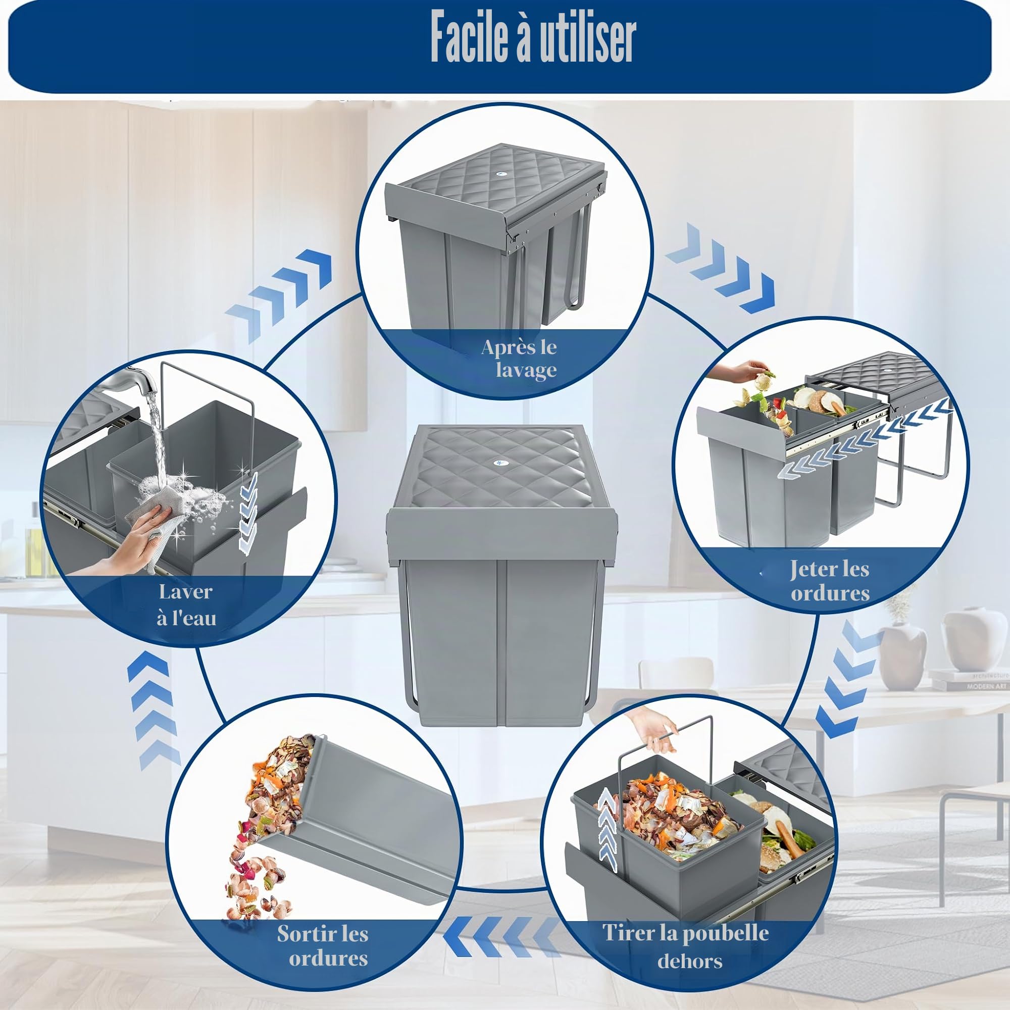 FIVMEN Poubelle de cuisine encastrable à 2 compartiments extensibles avec rails télescopiques, système de tri sélectif, gris, 2 x 15 l