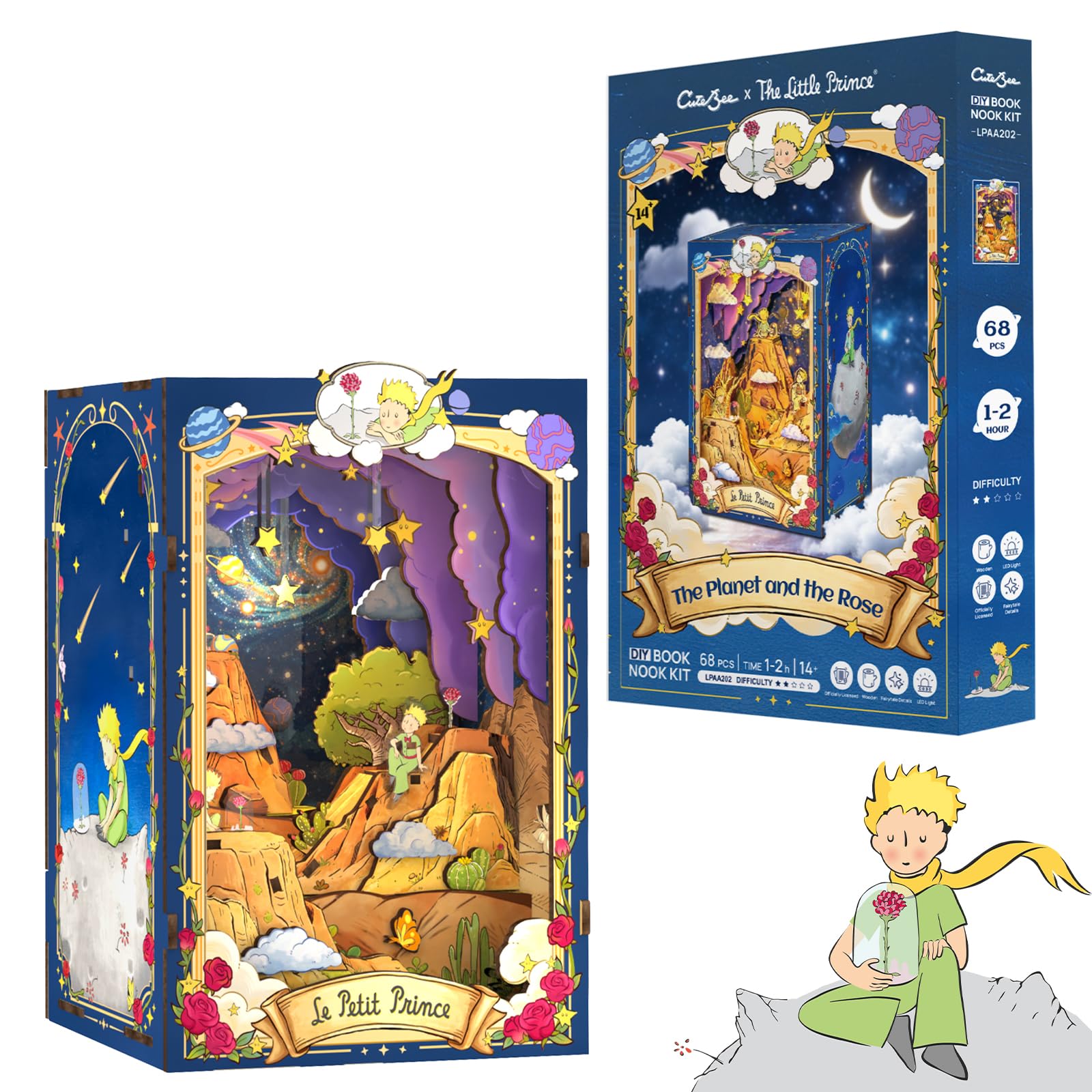 CUTEBEE Book Nook – El Principito Planeta & Rosa Maqueta 3D Madera