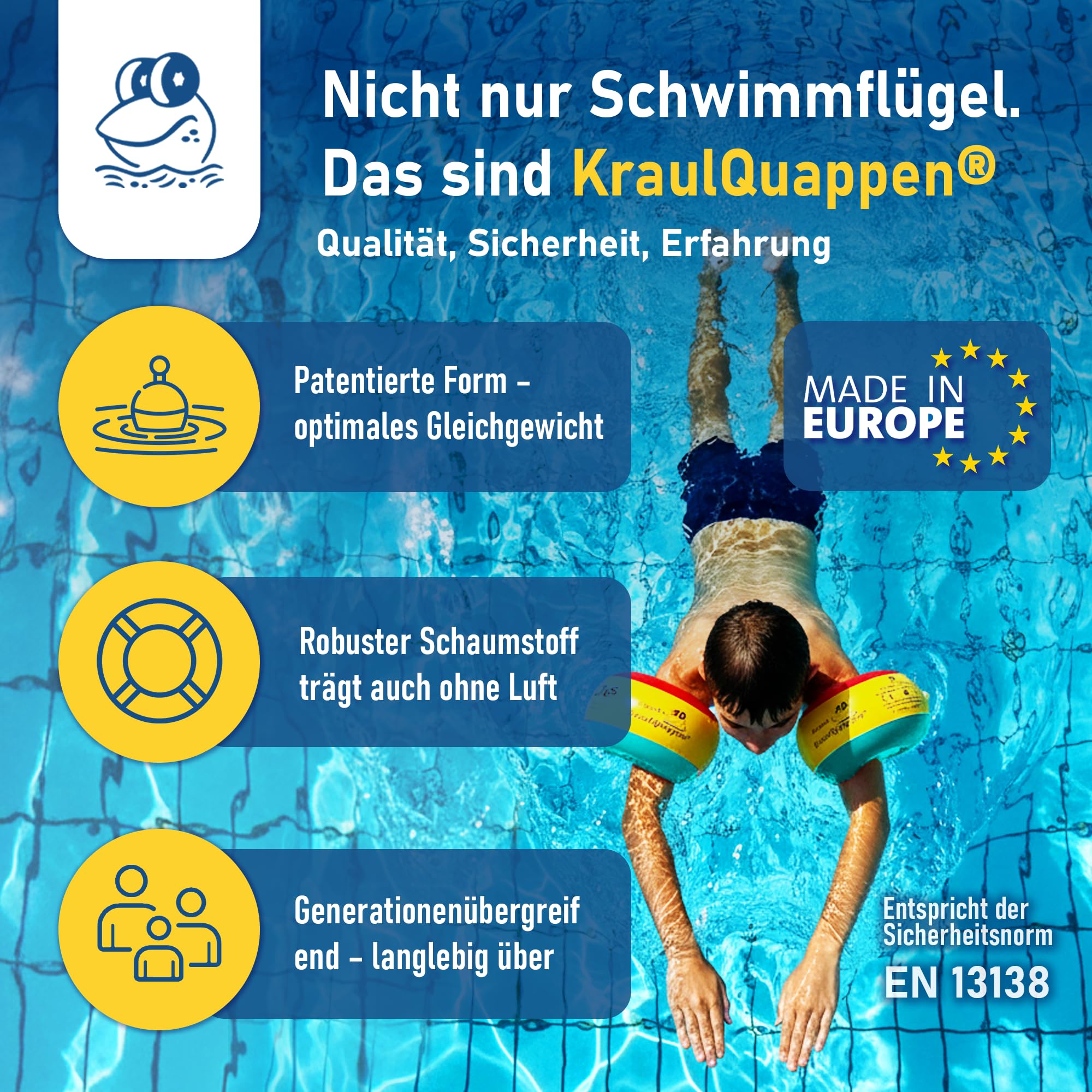 Cherek’s KraulQuappen Schwimmflügel für Jugendliche & ältere Kinder - Schwimmhilfe für Fortgeschrittene bis 60 kg - Große Armöffnung - Auftriebshilfe zum Schwimmenlernen