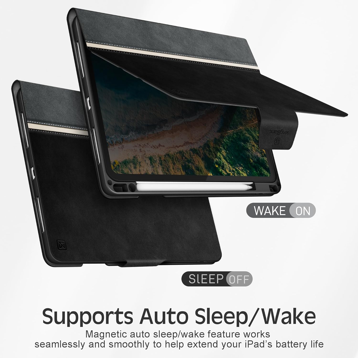 KingBlanc Case for iPad Pro 11-inch Case 4th/3rd/2nd Generation (2022/2021/2020) with Pencil Holder, Vegan Leather Bicolor Cover, Auto Sleep Wake, Apple Pencil 2. Charging, Multi-Angle Viewing, Black - Image 6