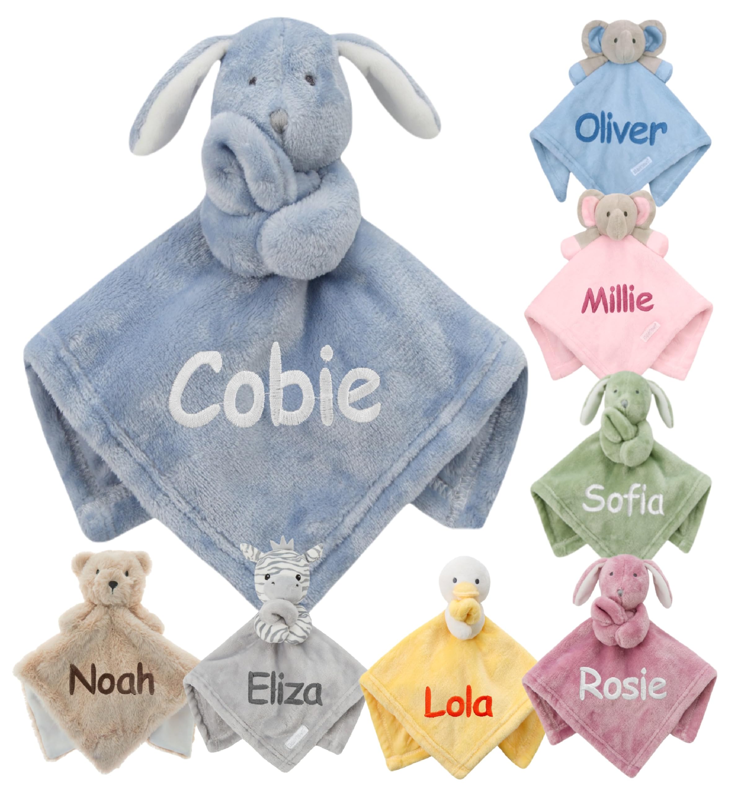 Gembroidery Personalised Baby Comforter Blanket Newborn Christening Shower Gift Boy Girl Keepsake Soft Snuggly Toy Blankie (Dusky Blue Bunny)