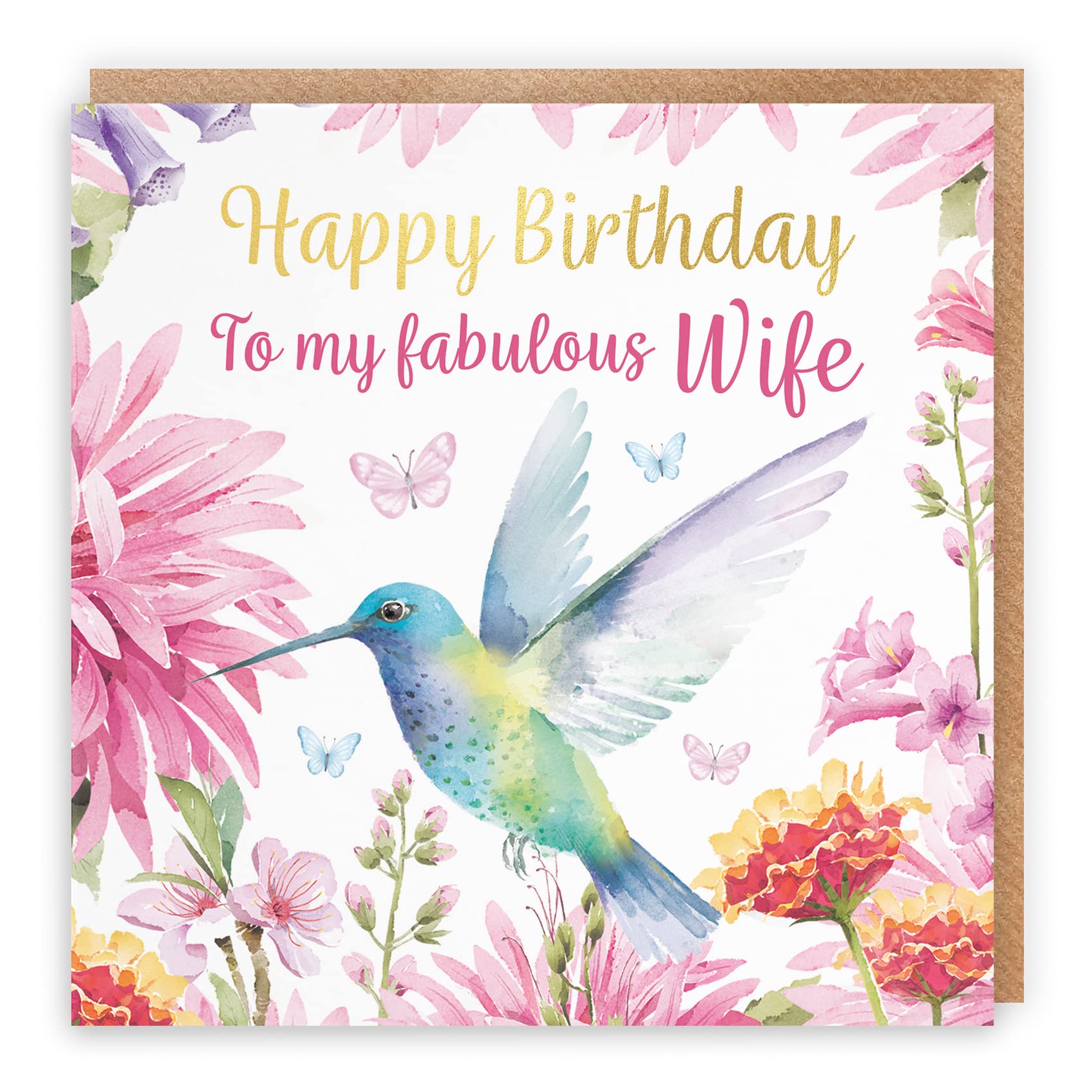 Hunts England - Wife Hummingbird Birthday Card For Her - With Gold Foil - Pretty Flowers - Milo's Gallery - Birthday Card For Wife - Female Birthday Card For Fabulous Wife