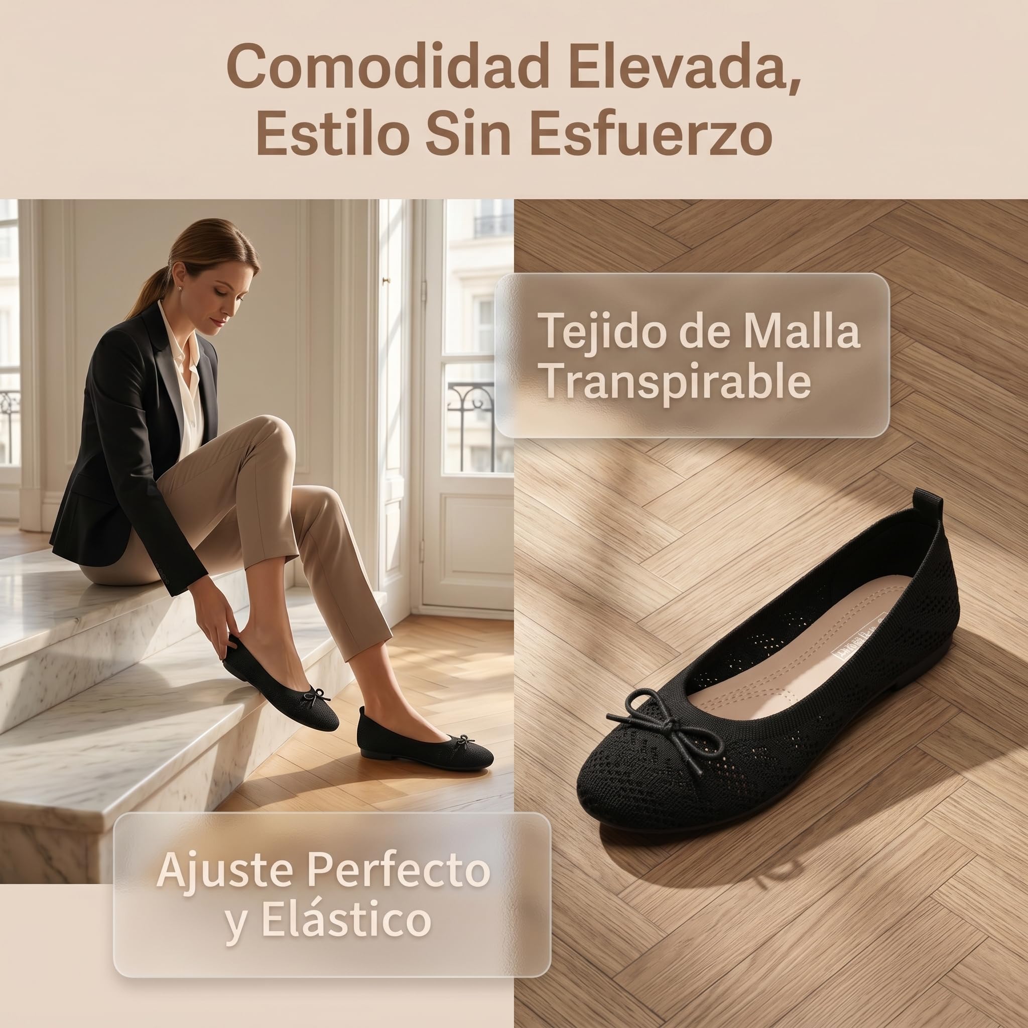 GLAMORA Bailarinas Mujer Manoletinas Punto Transpirable Lazo Frontal Zapatos Planos Flexibles Ligeros Cómodos Verano Primavera Calzado Tejido Perforado Suela Antideslizante Elegantes