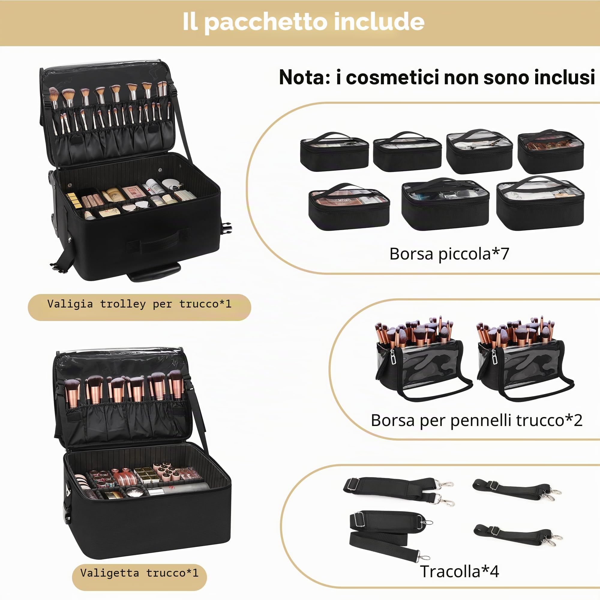 Valigetta cosmetica 4 in 1, trolley professionale per cosmetici, grande beauty case con ruote, valigetta da parrucchiere, multifunzione per trucchi e tatuaggi