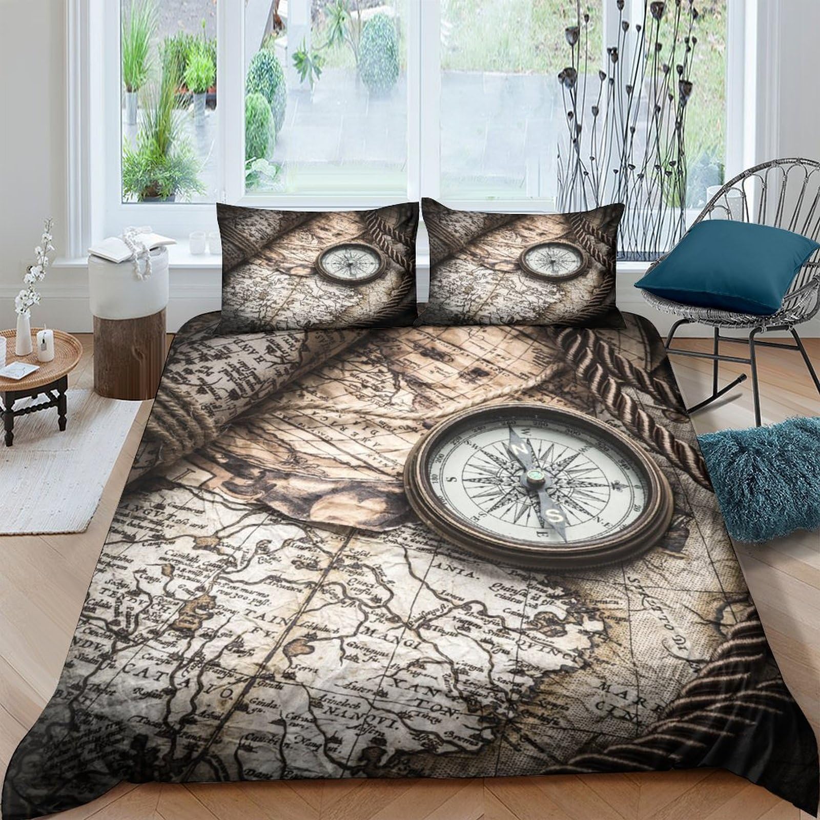 GPLZQXKJNH 3D Printed Vintage Map Duvet Cover Microfiber Soft Compass Pattern Bedding Set with 2 Pillowcases for Bedroom Home Decor Single（135x200cm）