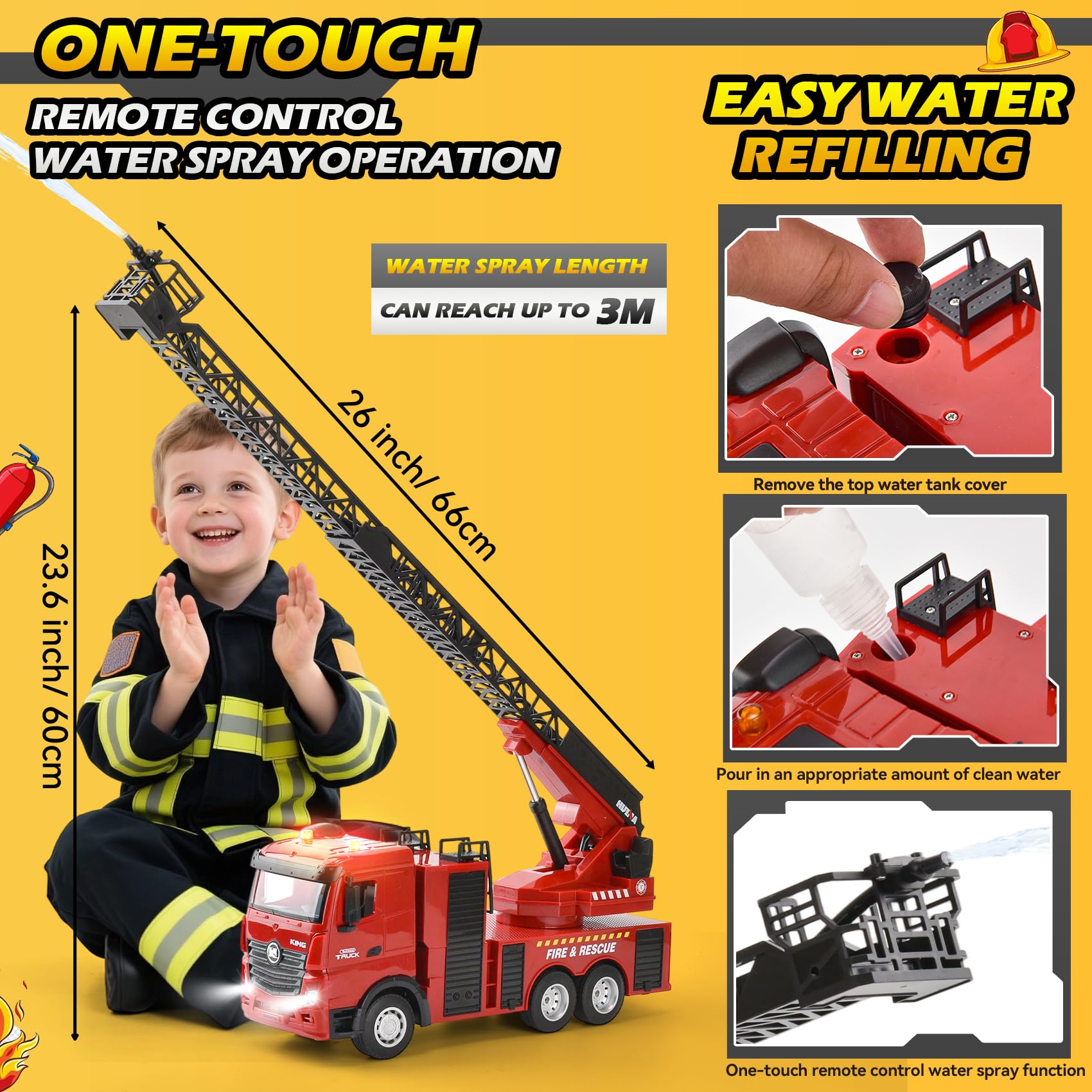 Großes Feuerwehrauto RC 1:18 | 2,4G Feuerwehr Ferngesteuert mit 270° Drehleiter & Spritzfunktion | 7,4V Wiederaufladbar, Licht & Sound | Feuerwehrauto-Spielzeug für Kinder ab 3-12 Jahren