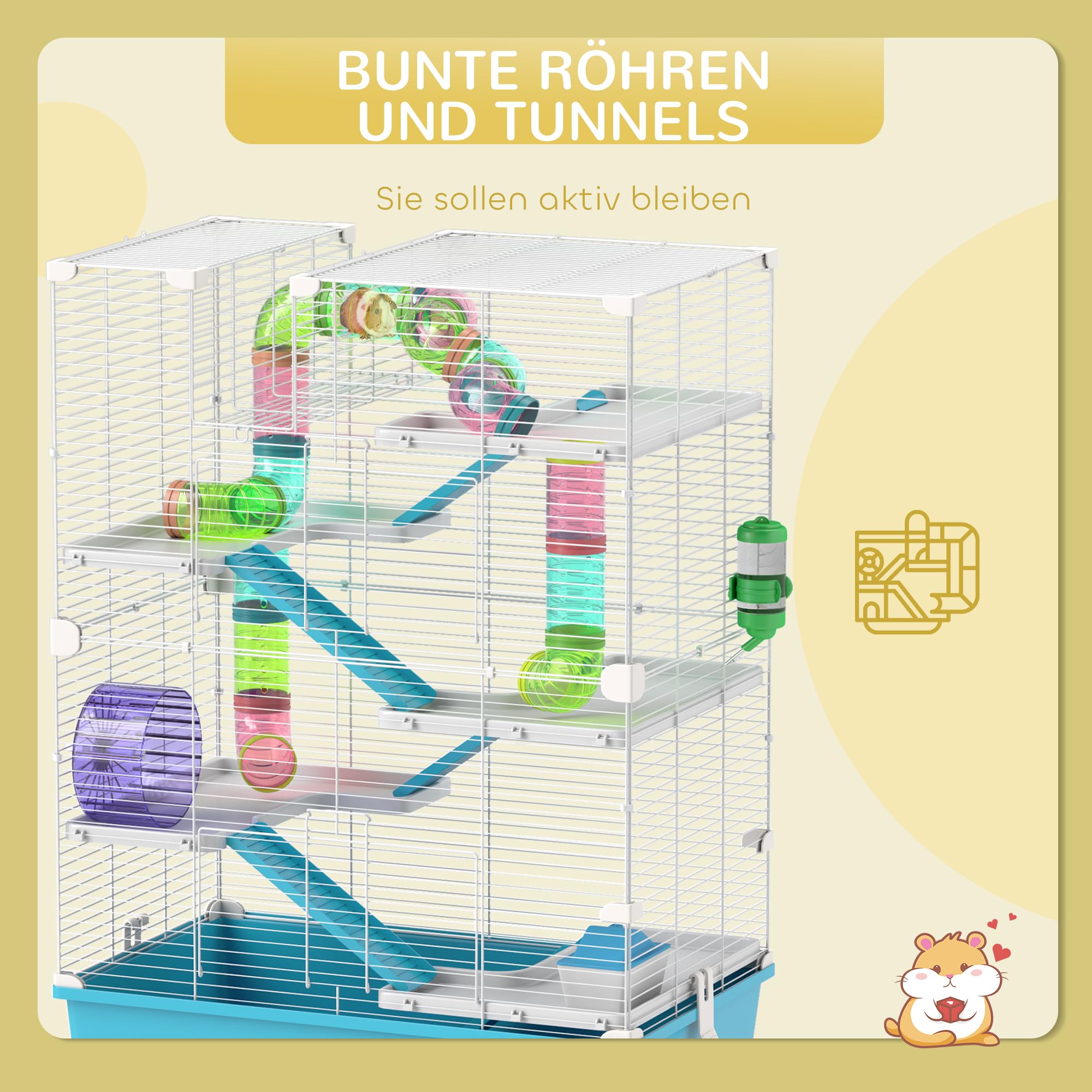 PawHut Hamsterkäfig 6 Etagen Nagerkäfig Kleintierkäfig aus Metallgitter mit Röhren, Tunnels, Hütte, Laufrad, Futterschale, Wasserflasche, Rampen, für Zwerghamster, Gerbils, 58 x 36 x 81 cm Hellblau