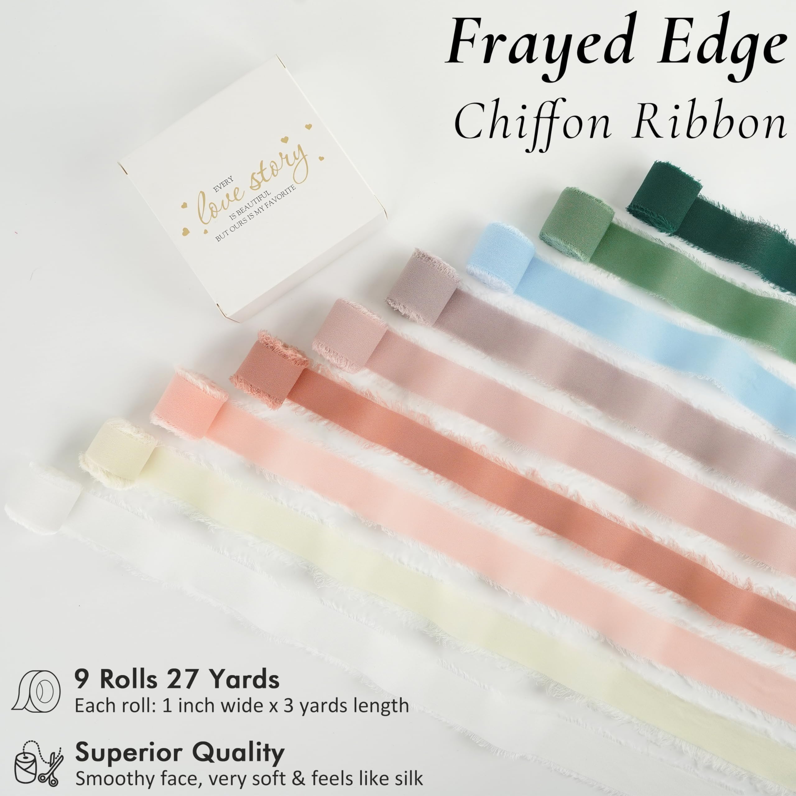 MEEDEE Chiffonband, 2,5 cm, ausgefranstes Chiffon-Seidenband, sortiert, ausgefranster Rand, gemischte Farben, dünne Chiffonbänder für Bastelarbeiten, Geschenkverpackungen, Hochzeitseinladungen (9
