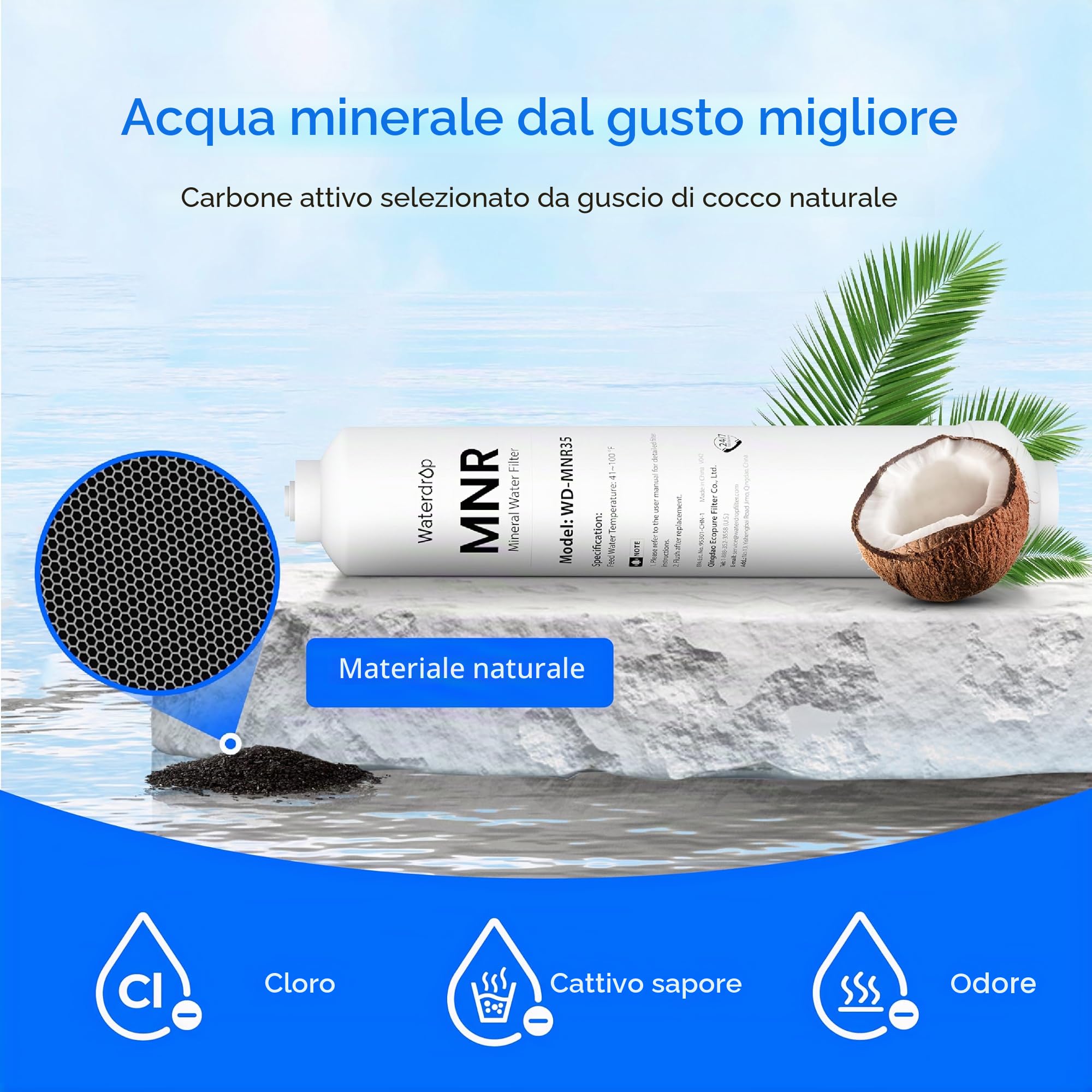 Waterdrop Remineralizzazione Filtro dell'acqua in Linea, 1/4" Quick Connect Post Filter per Sistema di Filtraggio ad Osmosi Inversa RO, Ripristino dei Minerali Essenziali (2)