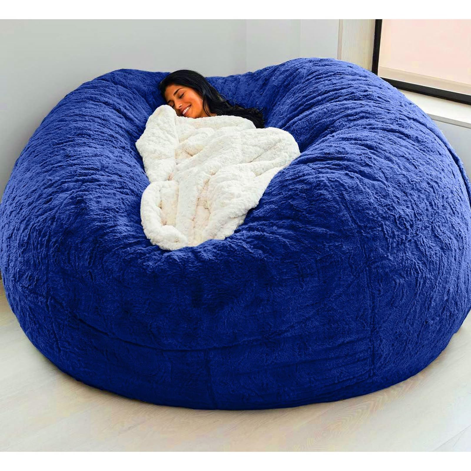 (Cover only, No Filler) Giant Fur Bean Bag Chair Cover for Kids Adults, Living Room Furniture Big Round Soft Fluffy Faux Fur Beanbag Lazy Sofa Bed