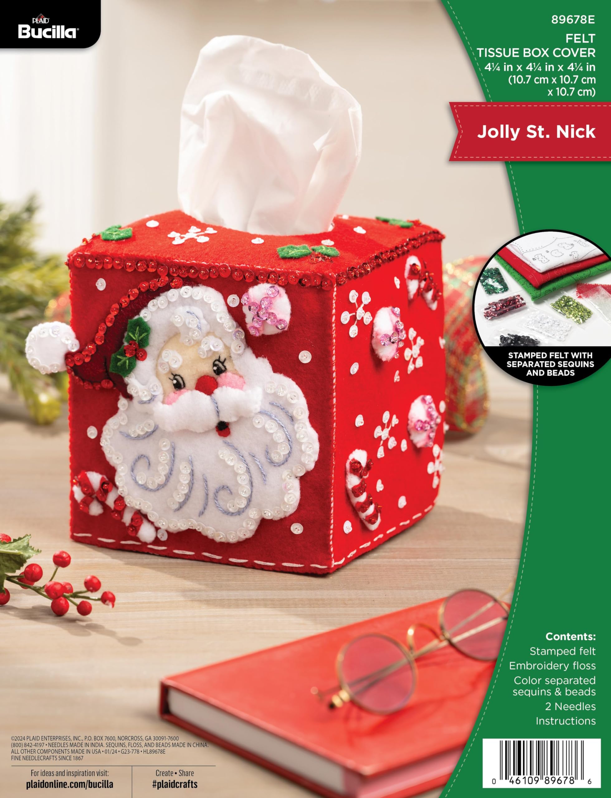 Bucilla Kit de cubierta de caja de pañuelos de fieltro, Jolly St. Nick, perfecto para vacaciones DIY Artes y manualidades, 89678E