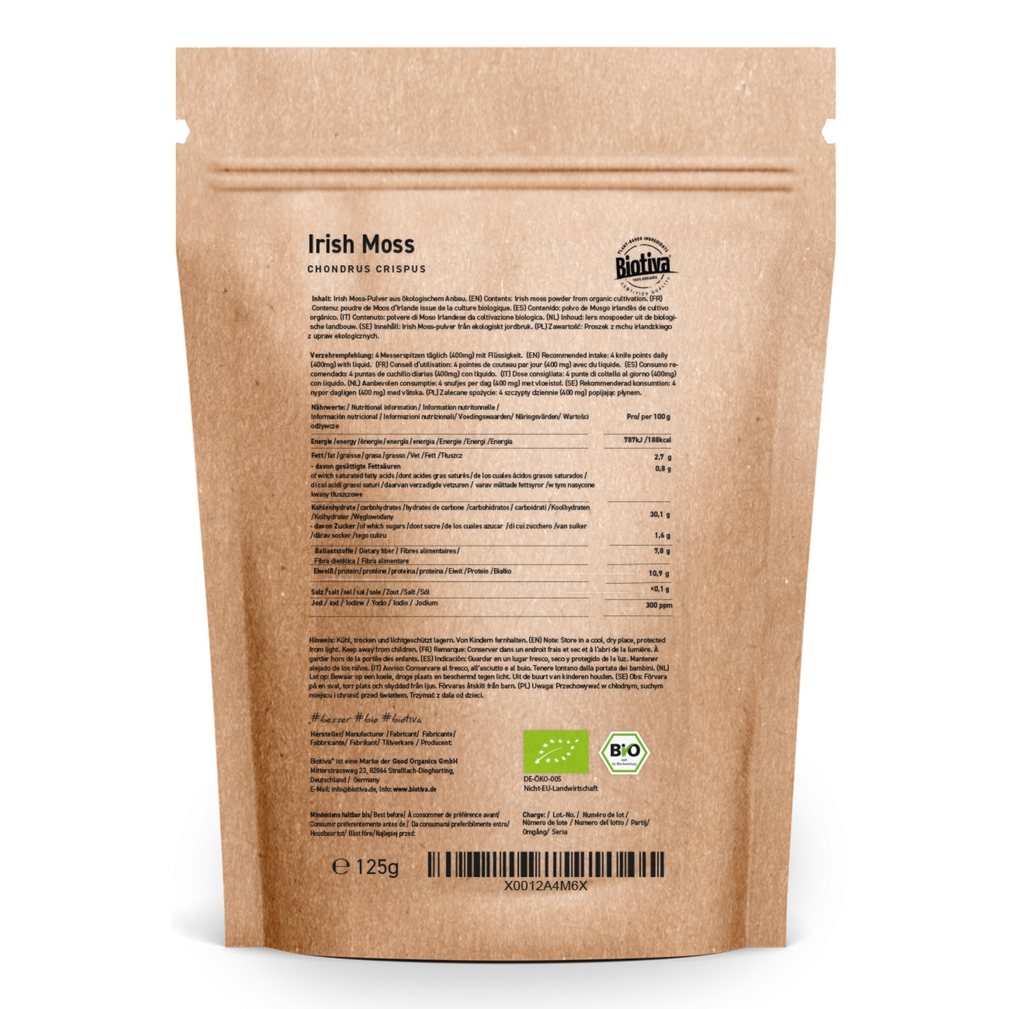Irish Moss Bio 125g | 100% biologico | alghe rosse | muschio irlandese | Chondrus crispus | vegano | senza additivi | confezionato è controllato in Germania | Biotiva