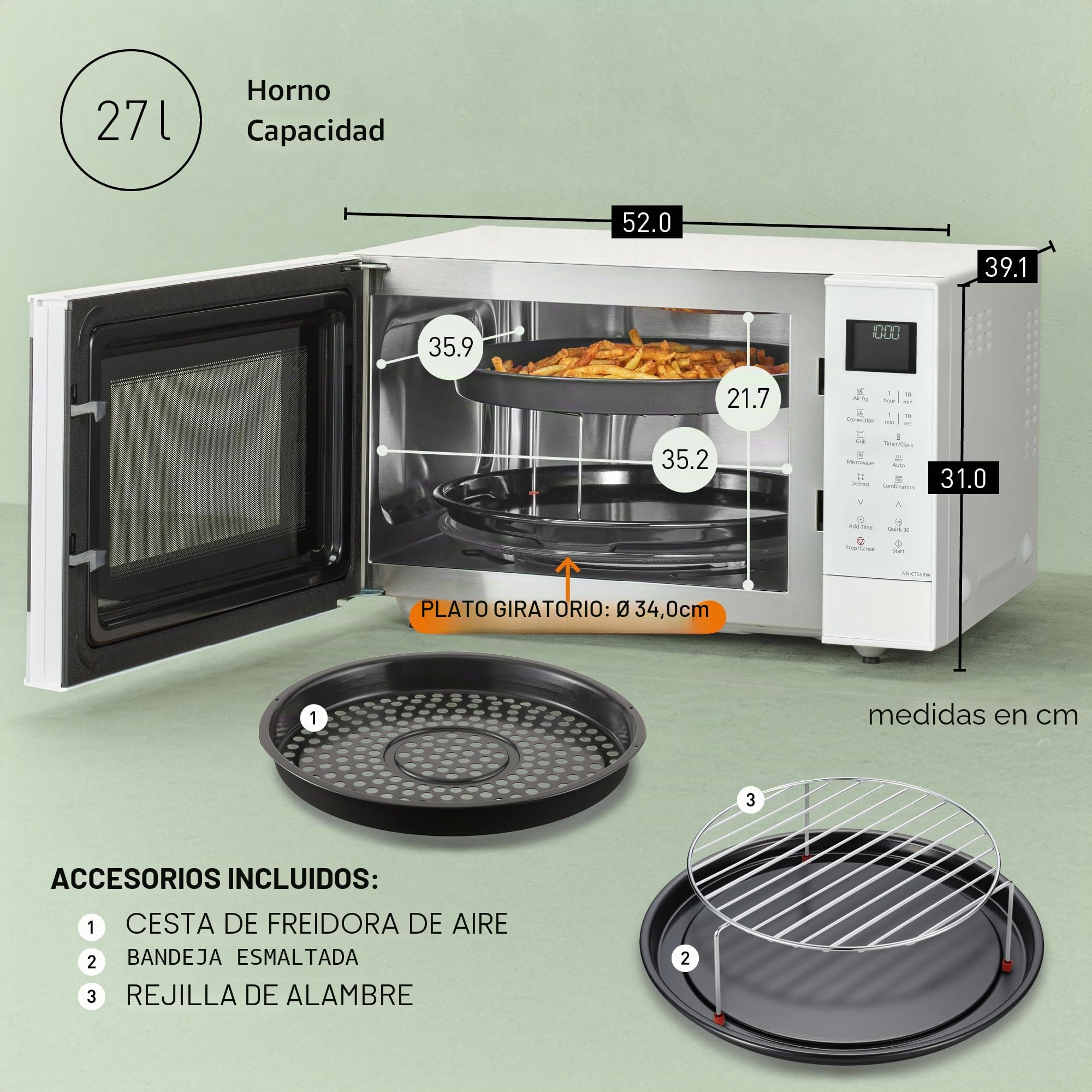 Panasonic NN-CT55RWEPG Horno Microondas Combinado 4 en 1 de 27 L con Freidora De Aire, Inverter de 1000 W, Grill de 1300 W, Convección, 19 Programas Automáticos, Blanco