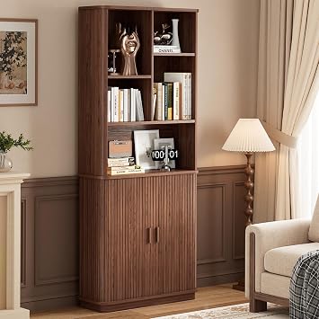 71" Tall Bookshelf with Cabinet, Free Standing Bookcase with Sliding Door, Adjustable Display Shelf, Wood Corner Shelving Unit, Fluted Cube Storage Organizer for Living Room, Home Office, Walnut