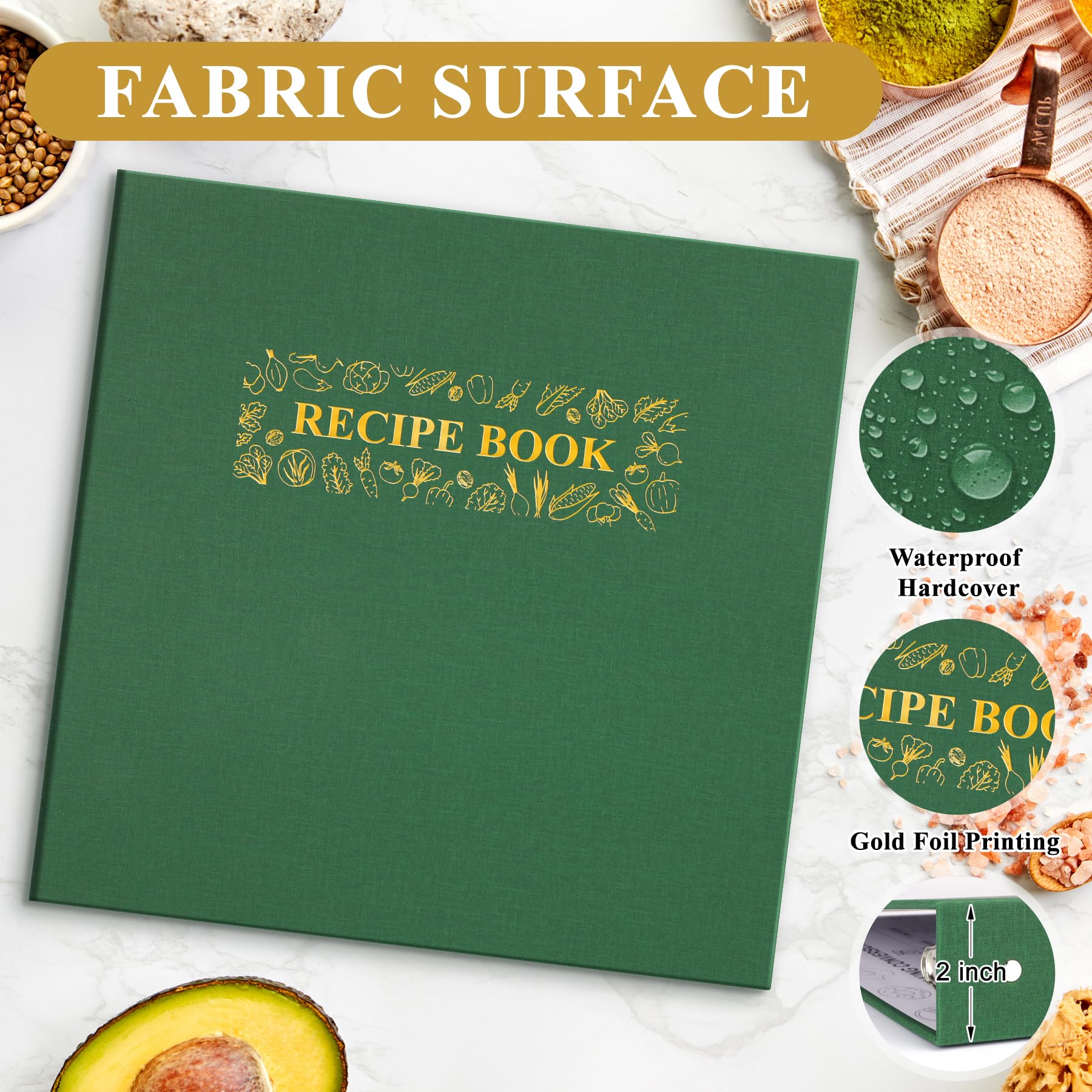 AKONEGE Raccoglitore per ricette 21,6 x 28 cm, set a 3 anelli, impermeabile, con 75 buste in plastica, 10 divisori, 100 biglietti per ricette, etichette e adesivi, libro di cucina con copertina rigida