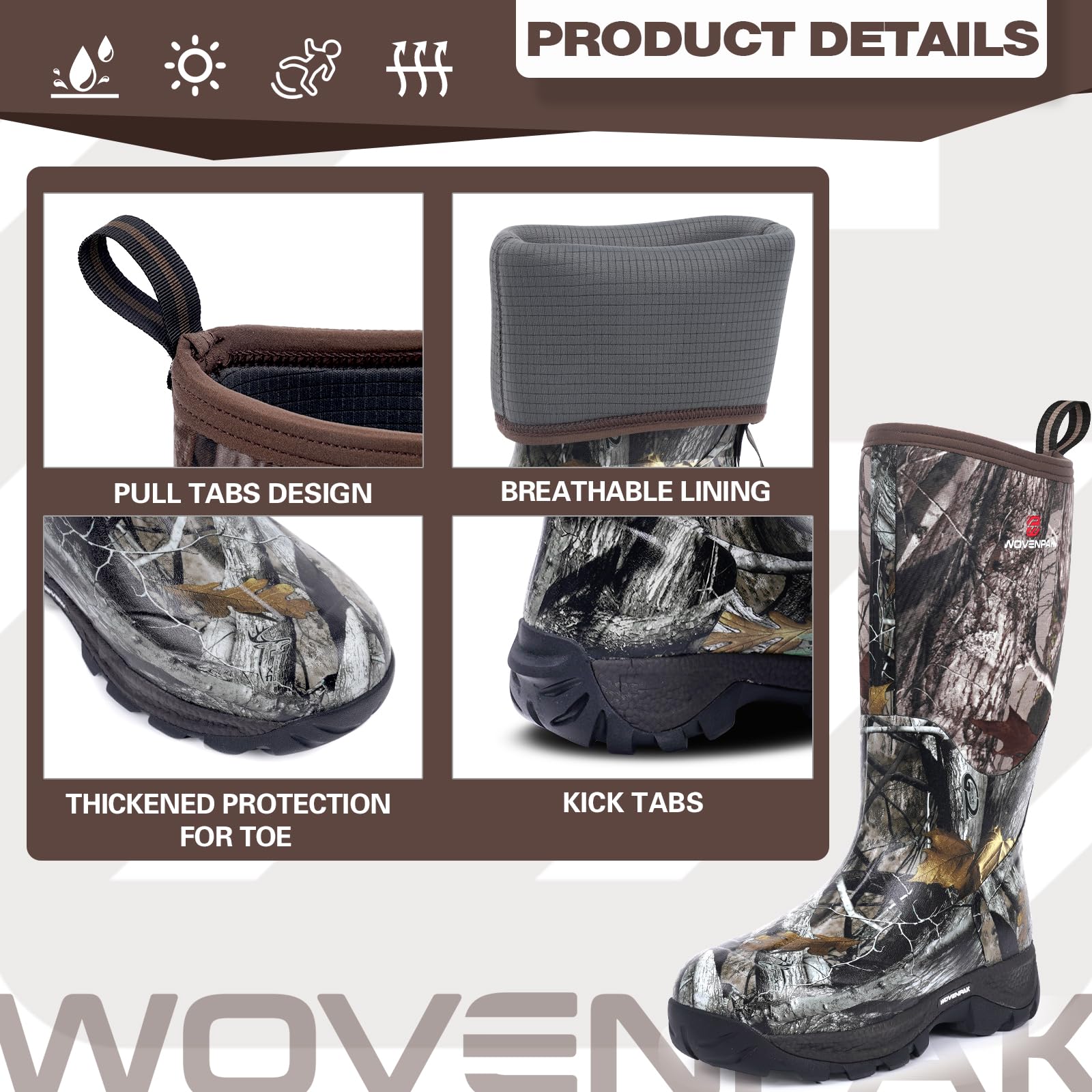 WOVENPAK Rubber Boots for Women, Waterproof Rain Boots Women, Insulated Hunting Boots, Neoprene Garden Mud Boots All Season for Hunting, Gardening, Farming, Size 6