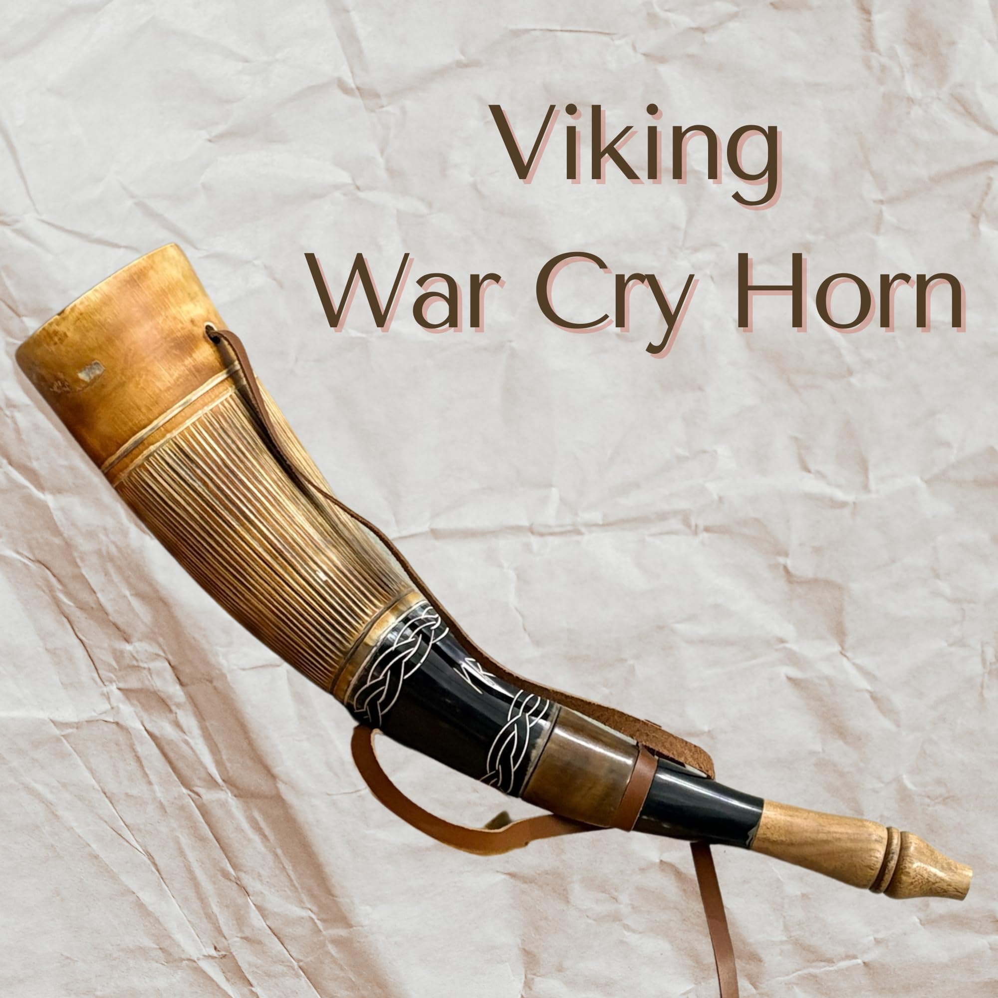 Cuerno de guerra vikingo tradicional con correa de piel, diseño celta decorativo de cuerno de guerra vikingo, 45,7 cm, trompeta de combate de cuerno de buey de primera calidad