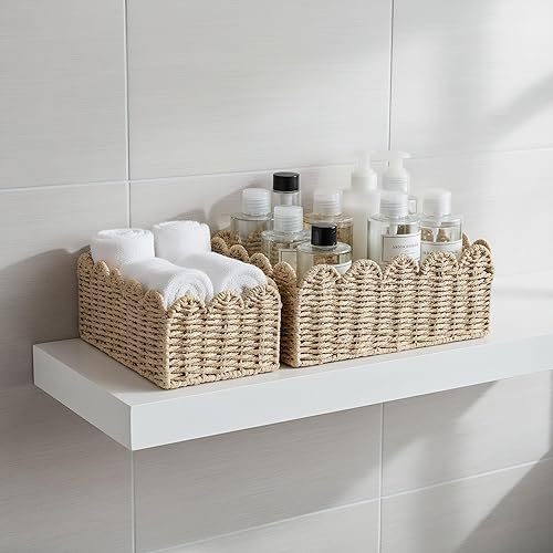 Miniatura 5 de Juego de 2 cestas decorativas de cuerda de papel con borde festoneado para el hogar, sala de estar, mesa de café, estantes, cesta de inodoro para