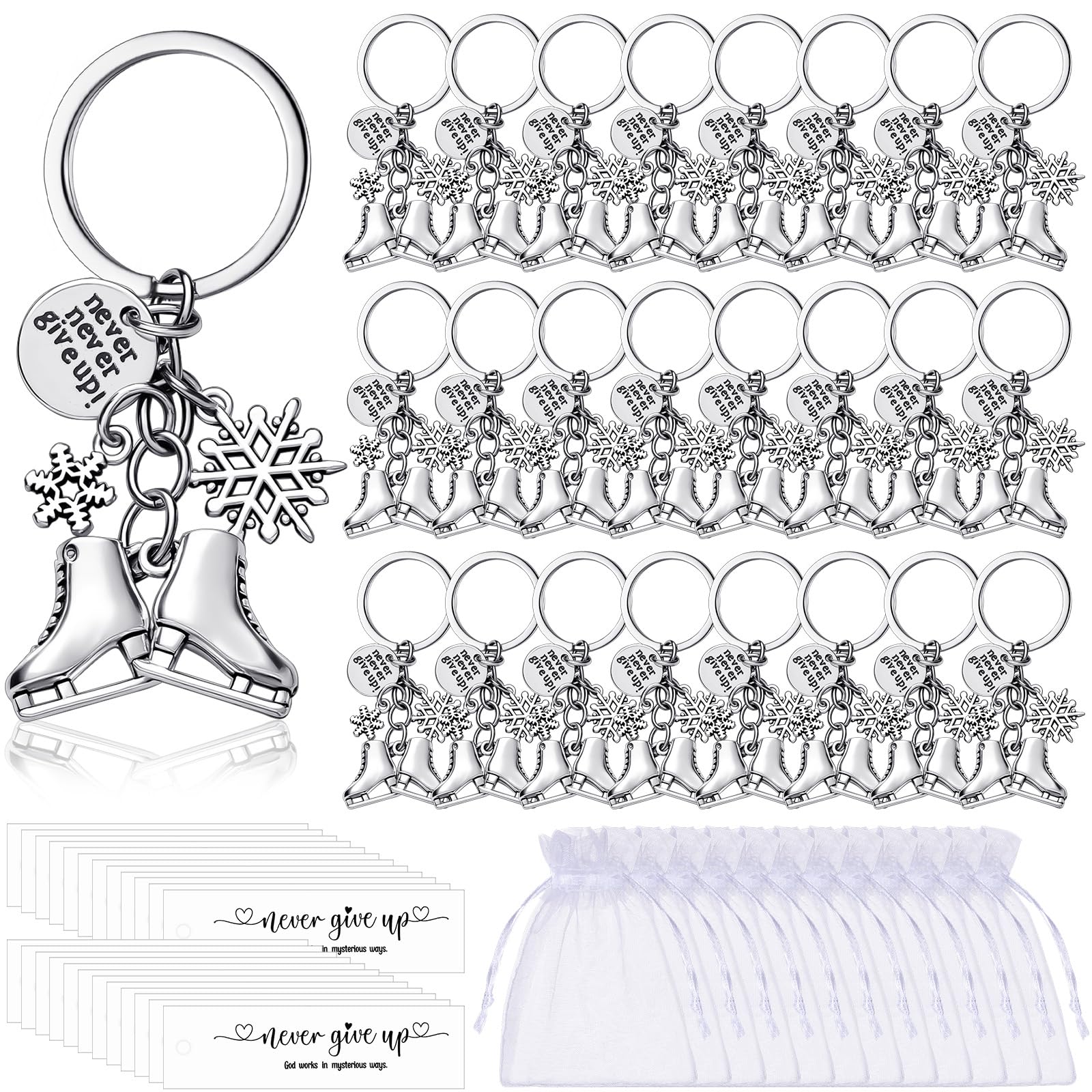 Photo 1 of Loetere 24 Pack Never Give up Keychains Inspirational Gift for Women Men Charm Keyring with Thank You Tag and Organza Bag(Snowflake Ice Skating)
