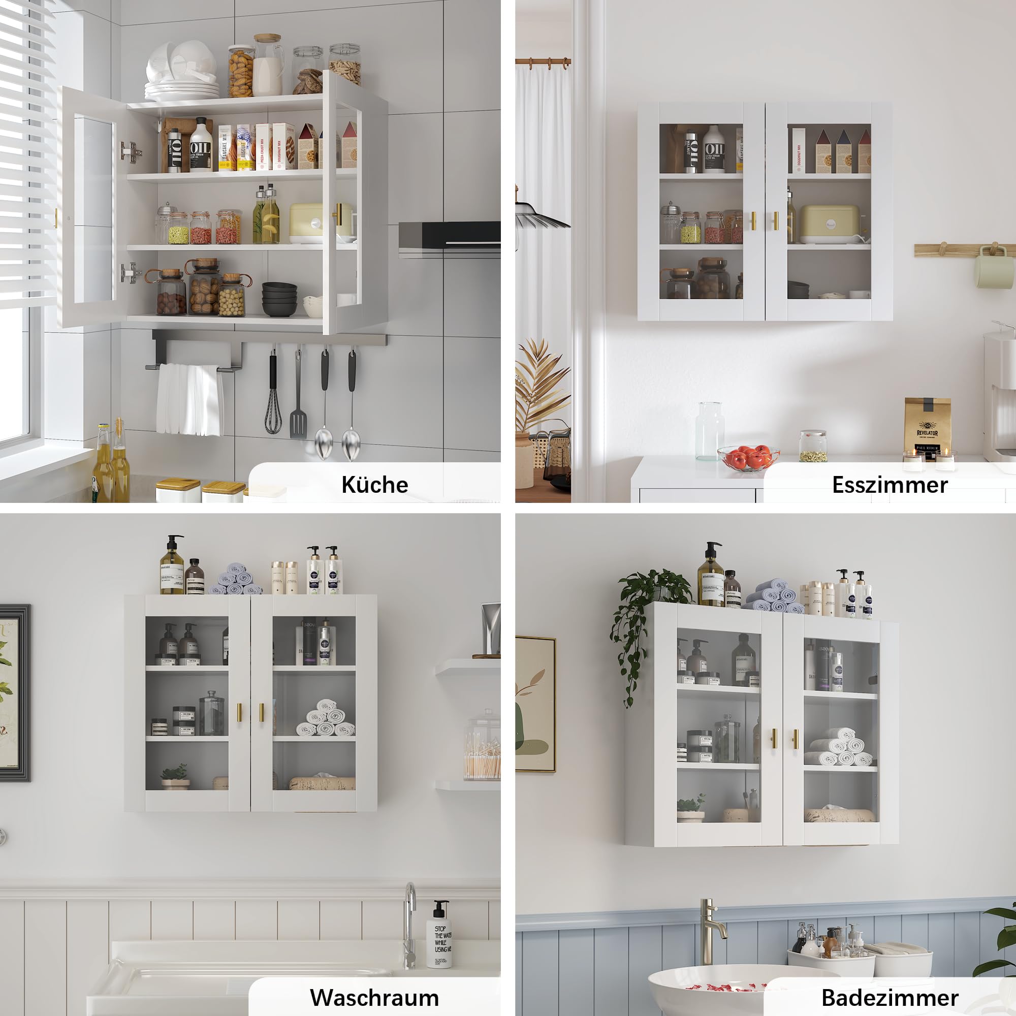 KEEPREAPER Hängeschrank 70cm Küchenhängeschränke mit 2 Glastüren, Wandschrank für Gewürze, Medizinschrank & Apothekerschrank Wandmontage, Geeignet für Küchen, Wohnzimmer, Flur (Weiß)