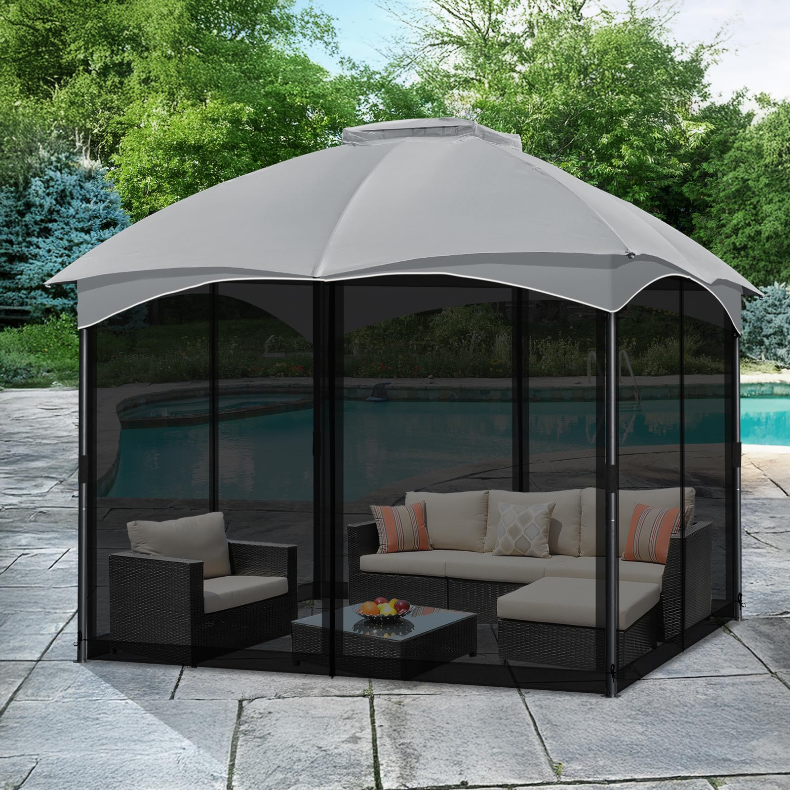 COWVIE Pavillon-Ersatznetz, 3 m x 3 m, Universal-Pavillon, 4 Paneele, Moskitonetz, Seitenwände mit Doppelreißverschlüssen für Außenterrasse (nur Netz)