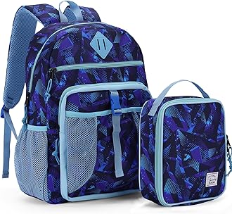 VASCHY Kids Backpack Lunch Bag Set, Boys 2-1 School Bookbag Insulated Lunch Box for Toddlers,Preschool,Daycare,Kindergarten,Elementary School Blue