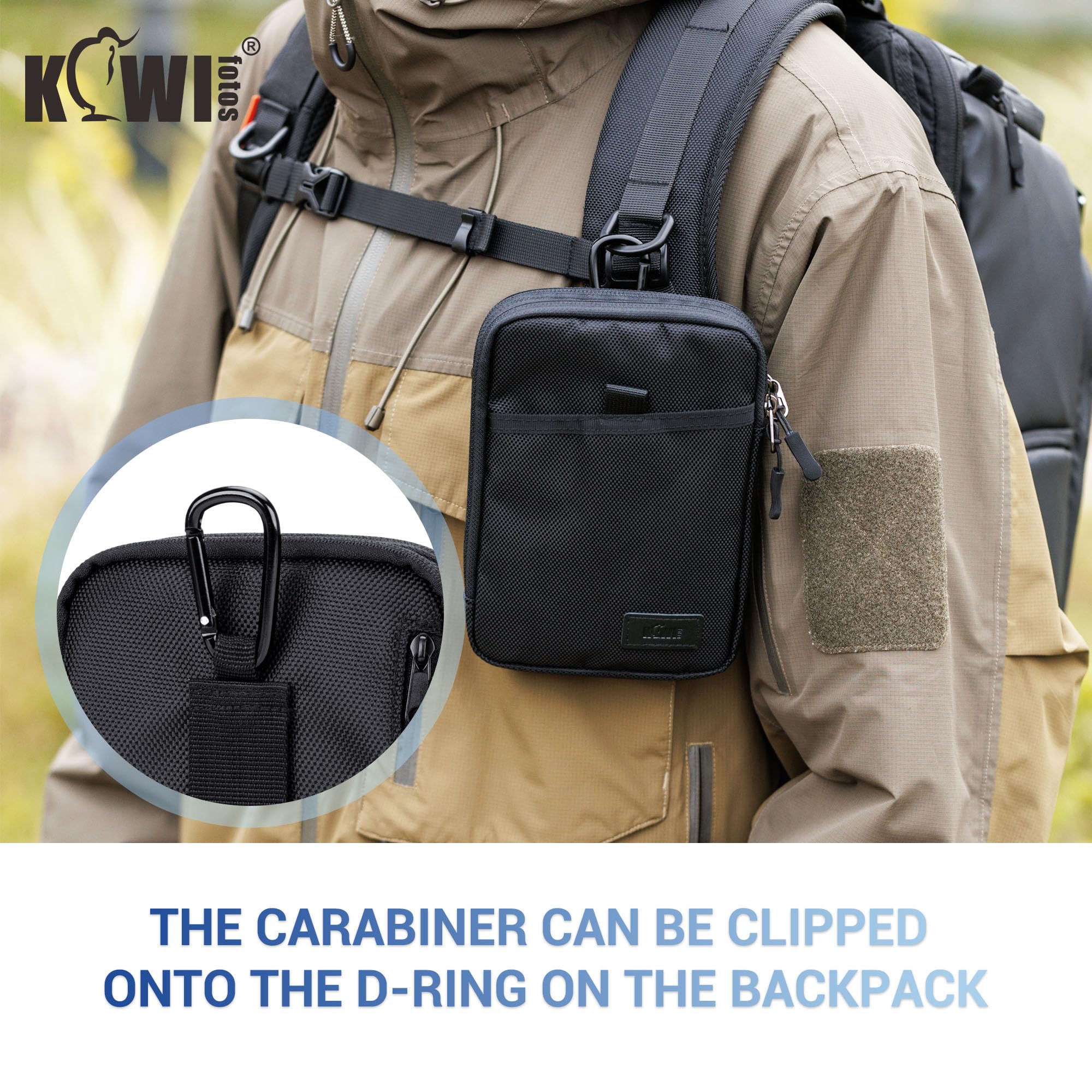 KIWIFOTOS Triple teléfono Pasaporte de Viaje Bolsa de Cuello con Correa de Hombro y mosquetón multifunción para Smartphone, Tarjeta, Gran Accesorio de Viaje (Negro)