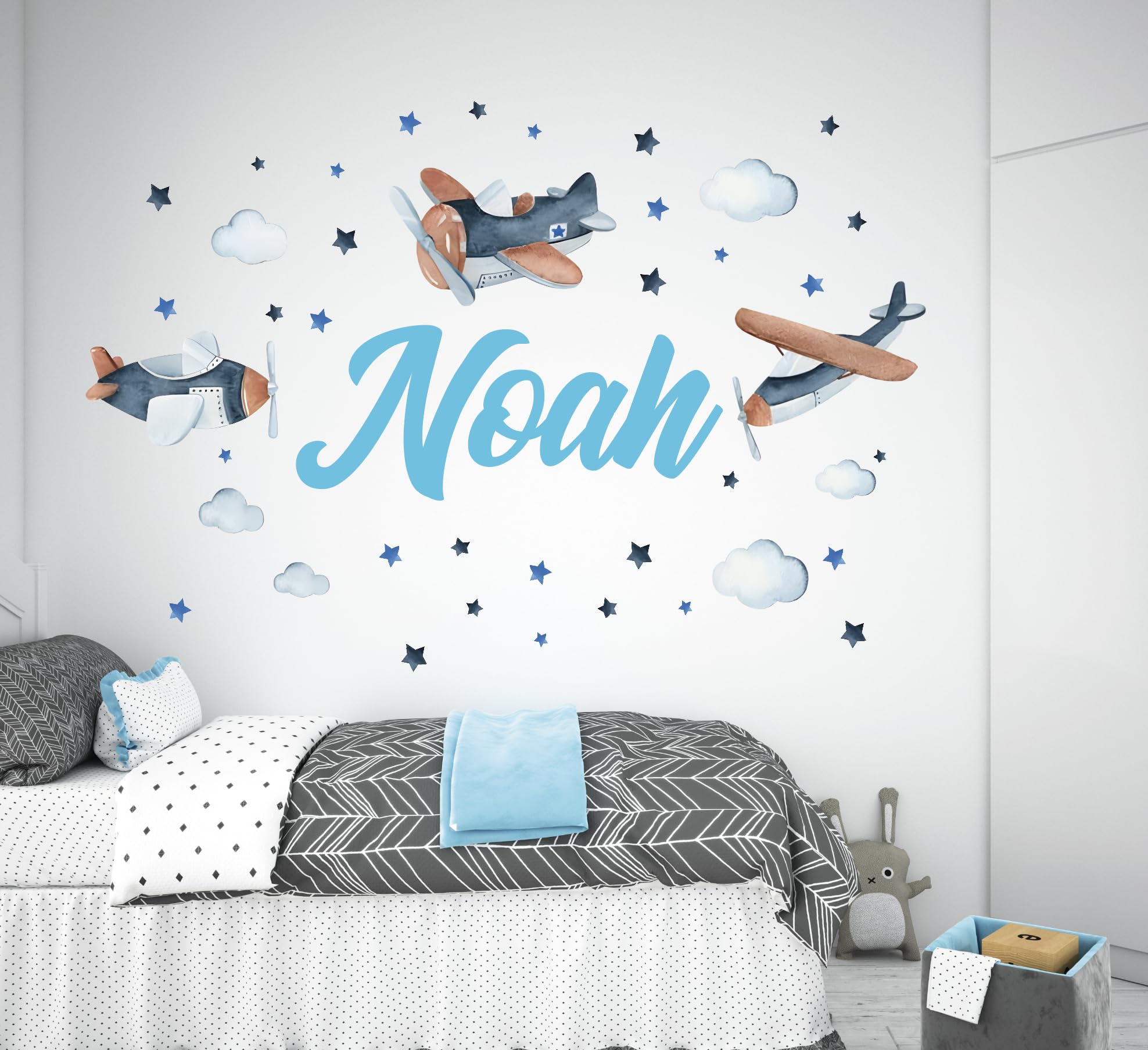 Custom Vintage Plane Name Wall Decals Watercolor Airplanes with Clouds Wall Stickers Stars Wall Decor for Kids Boys Girls Bedroom Living Room Décor