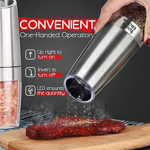 Miniatura 4 de Gravity - Juego de molinillo eléctrico de sal y pimienta, salero y pimentero de acero inoxidable, grosor ajustable, molinillos de sal y pimienta de